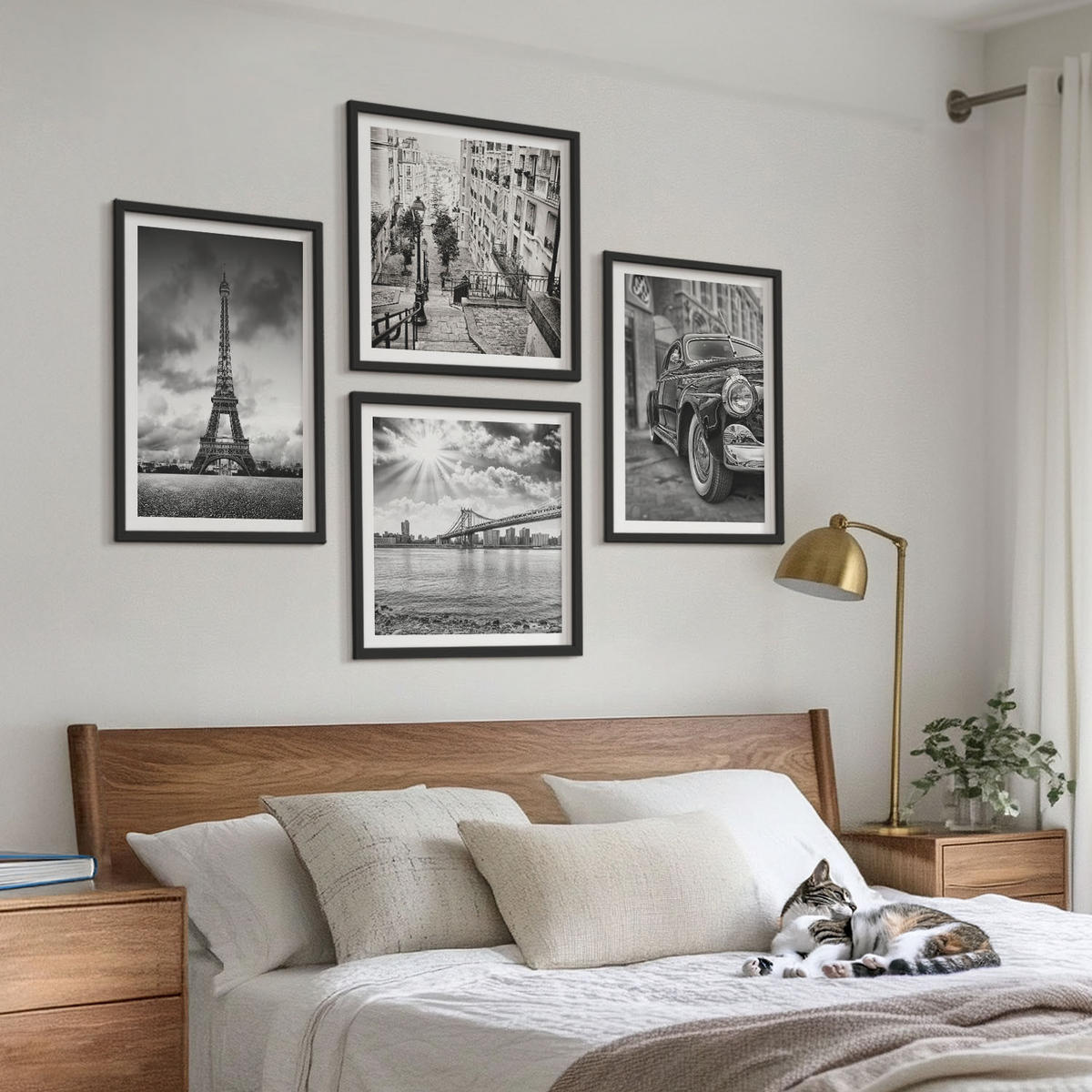 BILDER SET 4er Set - 50x50 cm & 40x60 cm Schwarzer Rahmen - Stadtansichten, Brücken, Eiffelturm, Auto - Schwarz, Kunststoff (50/50cm) - TULUP