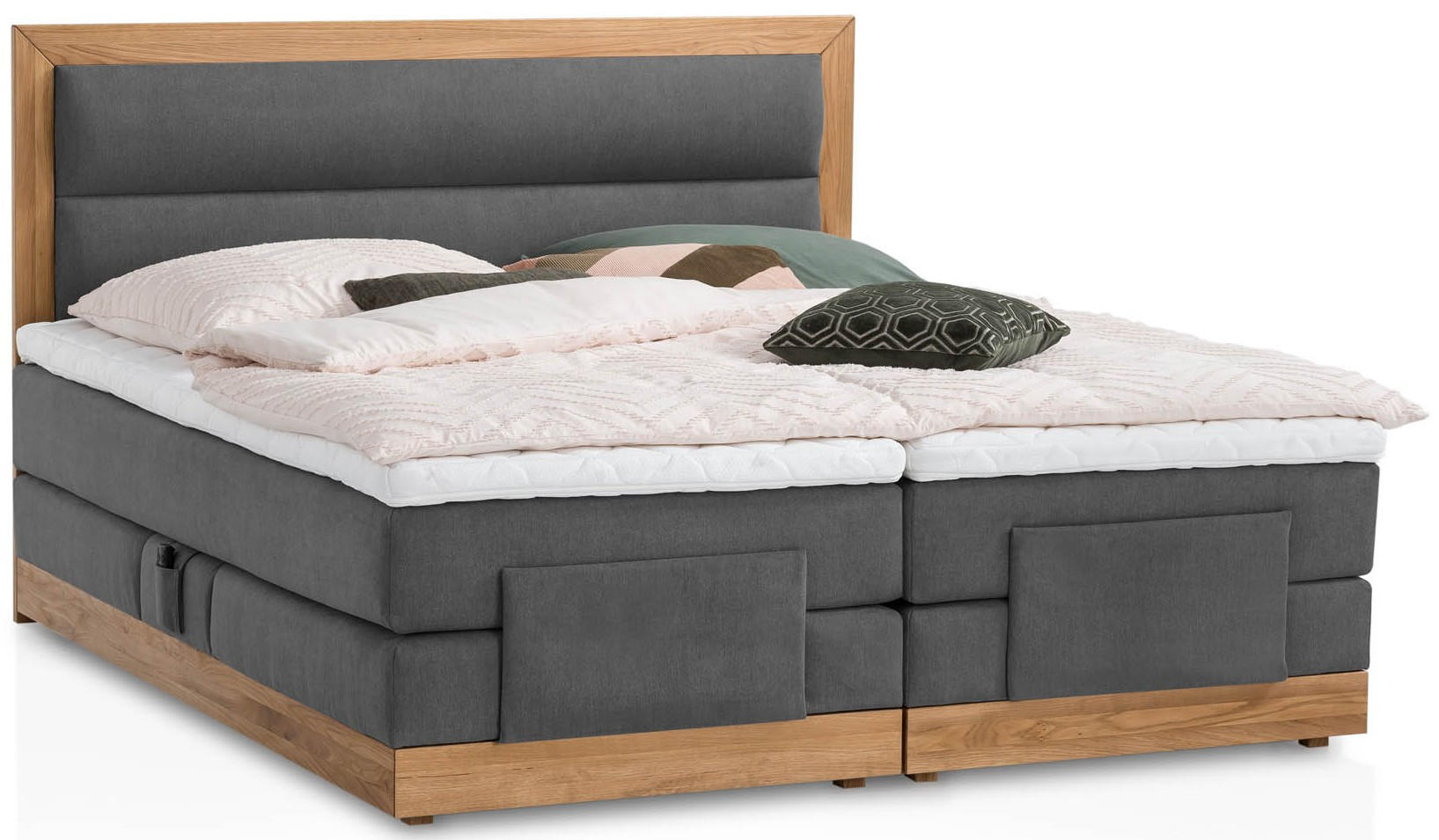 BOXSPRINGBETT ELEKTRISCH VERSTELLBAR MODELA 180x200 Anthrazit H2 und H3 Motorbett in Eiche mit 7-Zonen Taschenfederkern Matratze inkl. Visco Topper - Anthrazit, Textil (180/200cm) - Belanoti