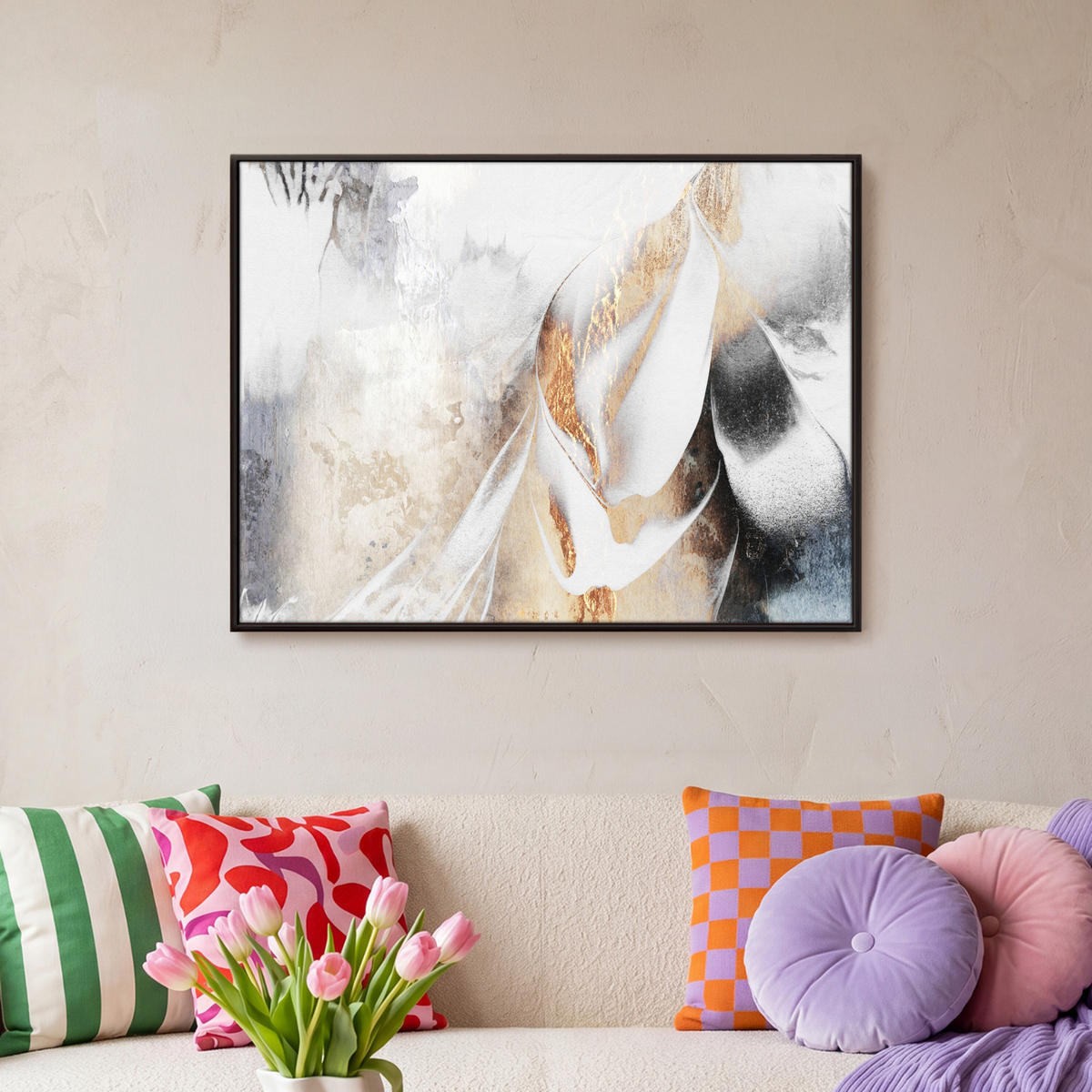 LEINWAND Bilder mit Rahmen - Luxus - Abstrakt - Gold - Weiß - 70x50 - Goldfarben, Textil (70/50cm) - MuchoWow