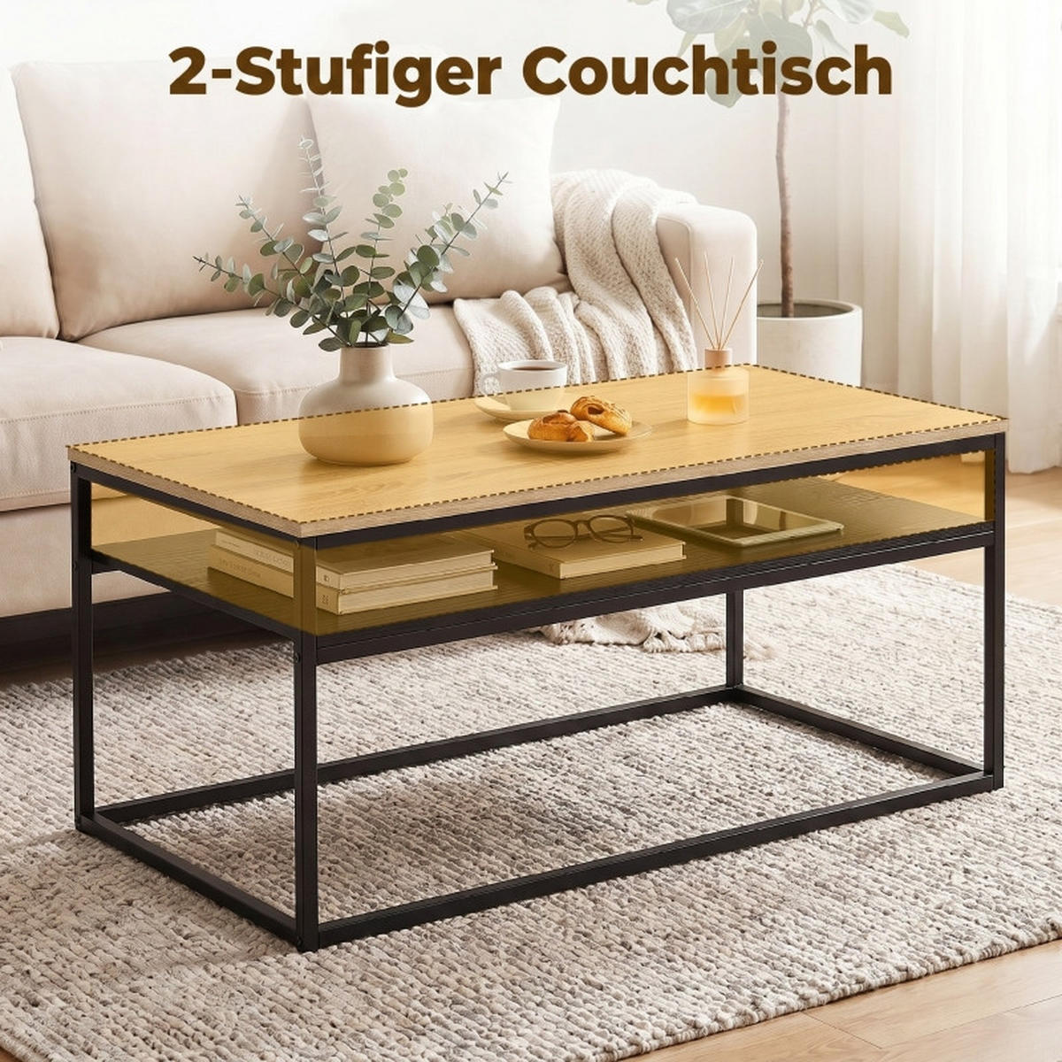 COUCHTISCH DE-37206 mit 2 Ebenen und Zweifarbdesign Eiche/Schwarz - Eichefarben, Holzwerkstoff (100/59.8/47cm) - ComfortXL