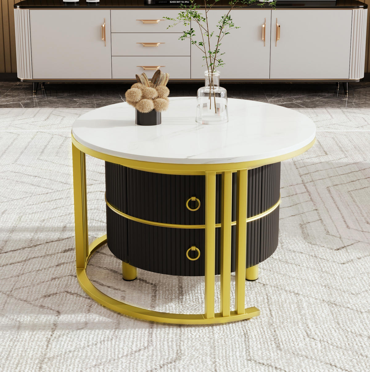 KOMMODE, 2‑teiliger runder Couchtisch aus MDF mit Marmormuster und Hochglanz, 70/70/46 + 50/50/40 cm, Gold und Schwarz - Schwarz, Holzwerkstoff (70/70/46cm) - Redom