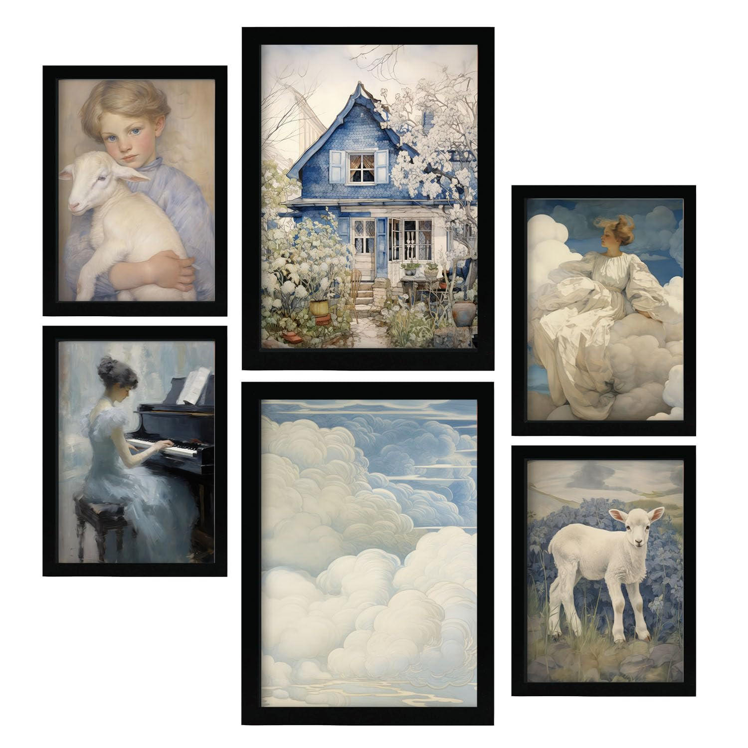 POSTER Set Mit 6 Romantischer Blau A3 & A4 Schwarzer Rahmen - Schwarz, Papier (29/3cm) - Nacnic