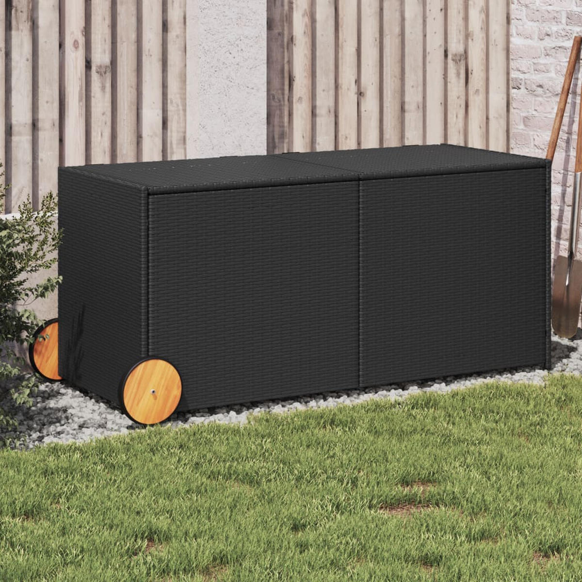 GARTENTRUHE mit Rollen Schwarz 283L Poly Rattan - Schwarz, Kunststoff (127/102/55cm) - furnicato