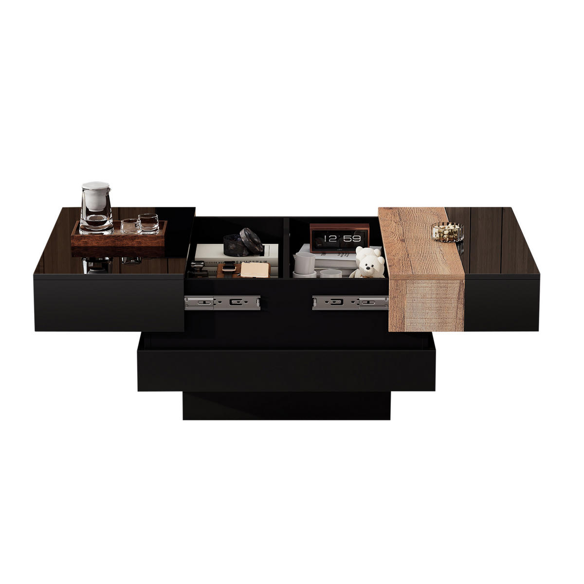 COUCHTISCH mit ausziehbarer Platte & Stauraum, MDF/PB, Schwarz-Holz Optik, Hochglanz, 70/70/39 cm,Schwarz - Schwarz, Holzwerkstoff (70/70/39cm) - Redom