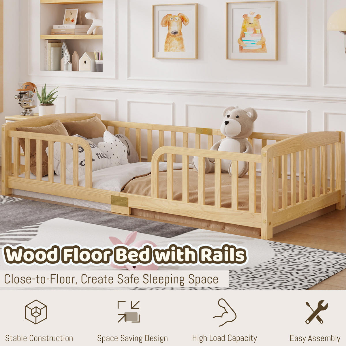 KINDERBETT, Bodenbett 90x200 cm mit Rausfallschutz aus Kiefer, Natur - Naturfarben, Holz/Holzwerkstoff (90/200cm) - LVHOM