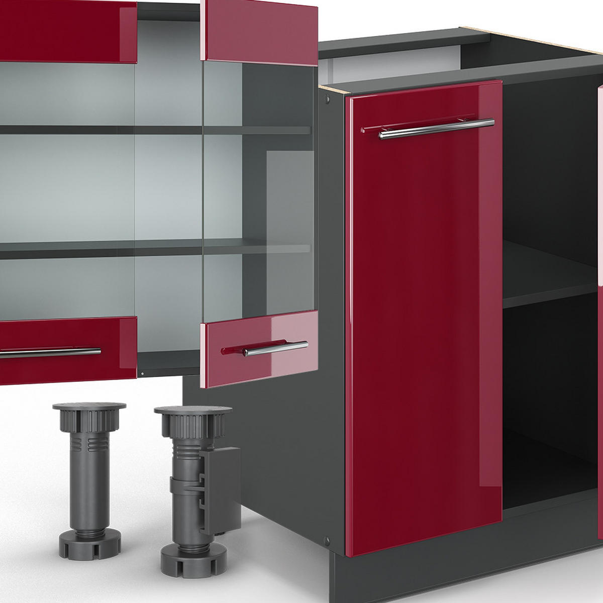 KÜCHENZEILE Fame-Line Bordeaux Hochglanz/Anthrazit 300 cm AP Eiche - Bordeaux/Anthrazit, Holzwerkstoff (300/81.6/60cm) - Vicco