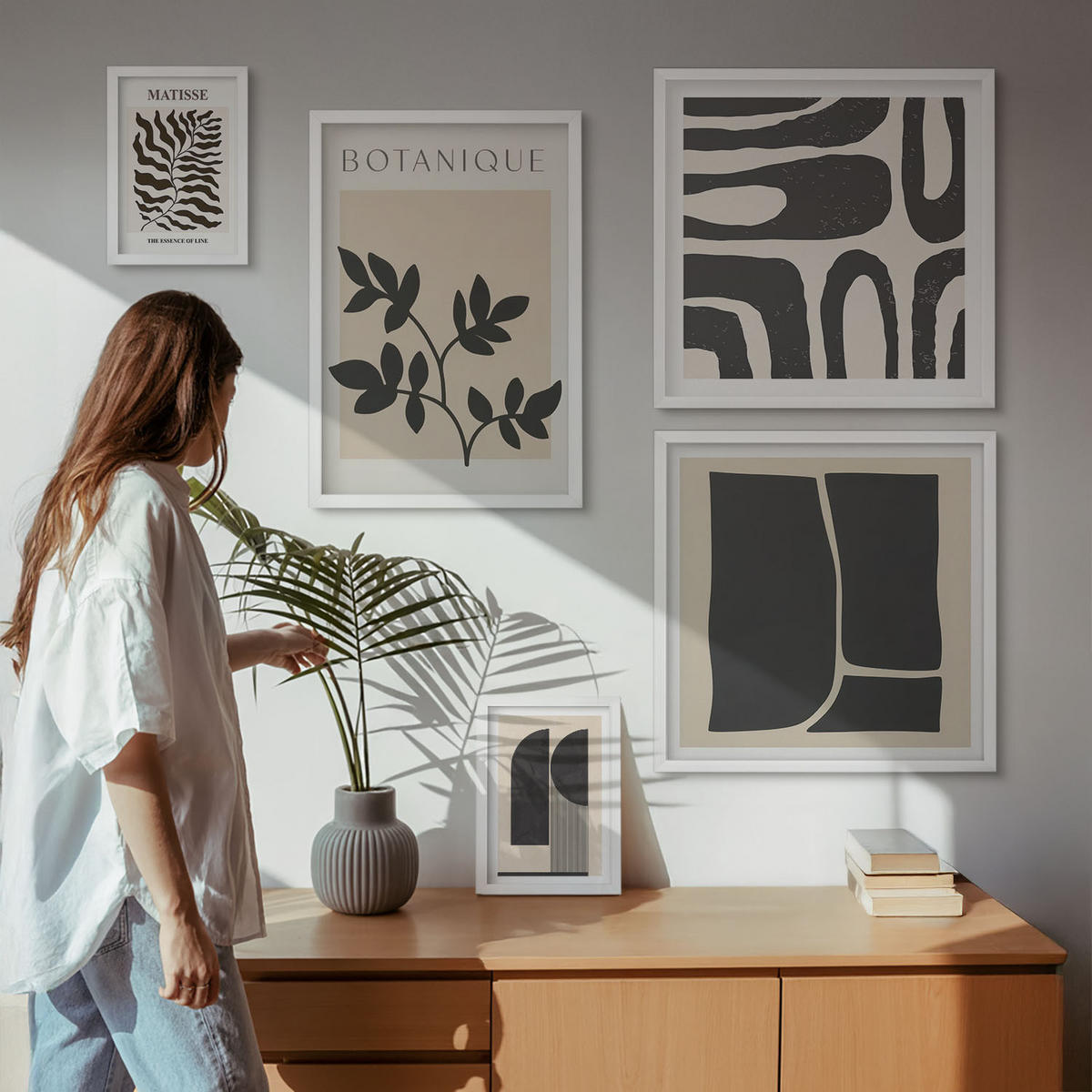 BILDER SET 5er Set - 50x50 cm & 20x30 cm & 40x60 cm Weißer Rahmen - Minimalistische Pflanzenposter - Weiß, Kunststoff (40/60cm) - TULUP