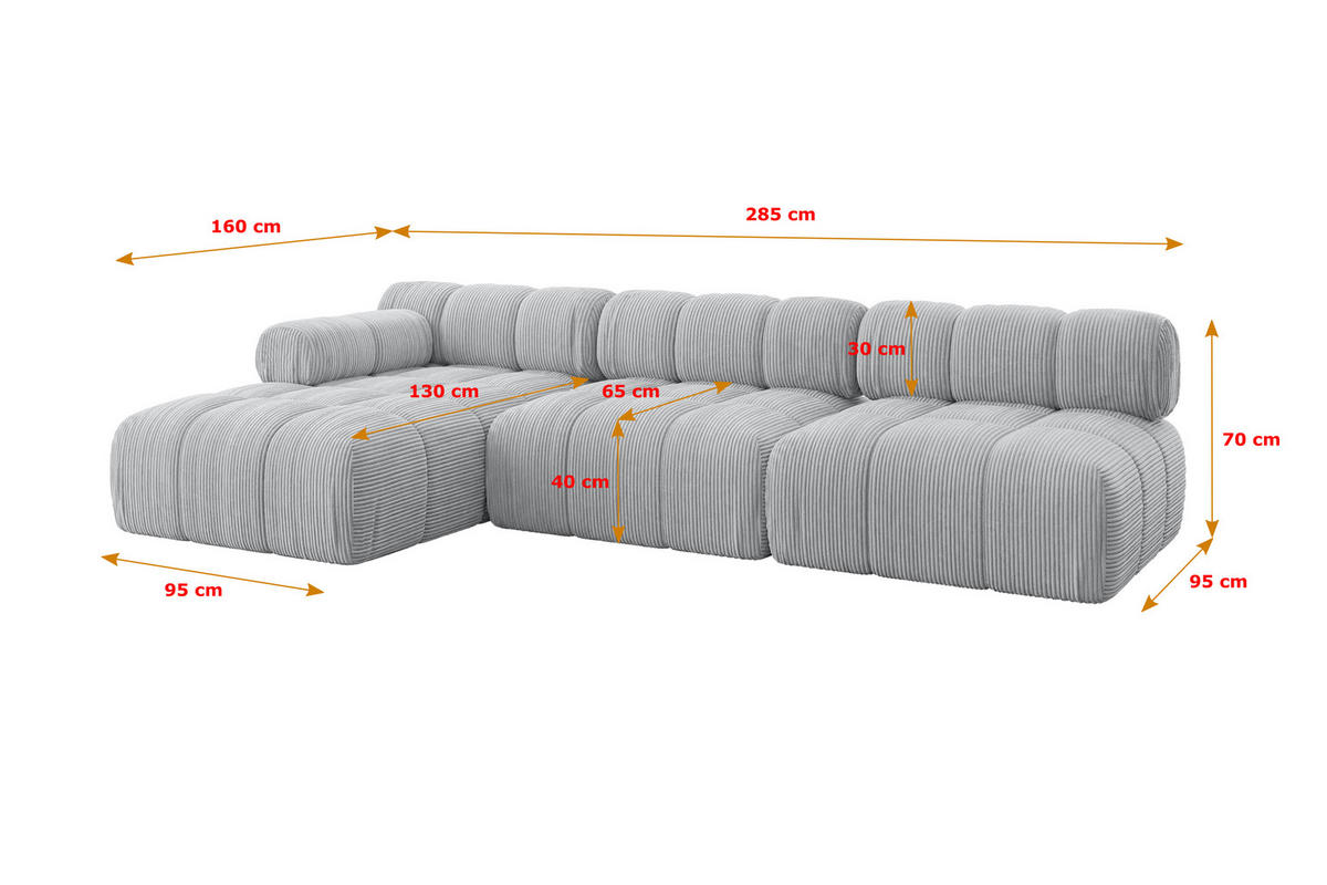 ECKSOFA modulares Sofa Razon-L2 - 285x160x70 cm Grau Cord - Grau, Holzwerkstoff/Textil (285/160cm) - ALTDECOR