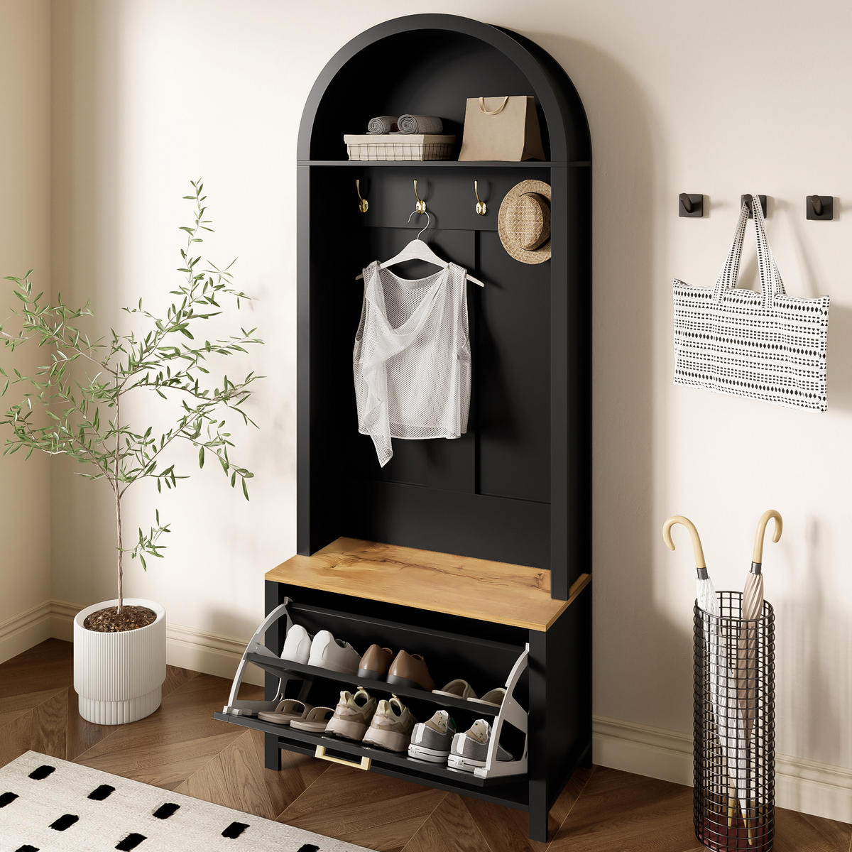 GARDEROBE Schuhregal Haken MDF - Schwarz, Holz (75/195/35cm) - LEBENLANG
