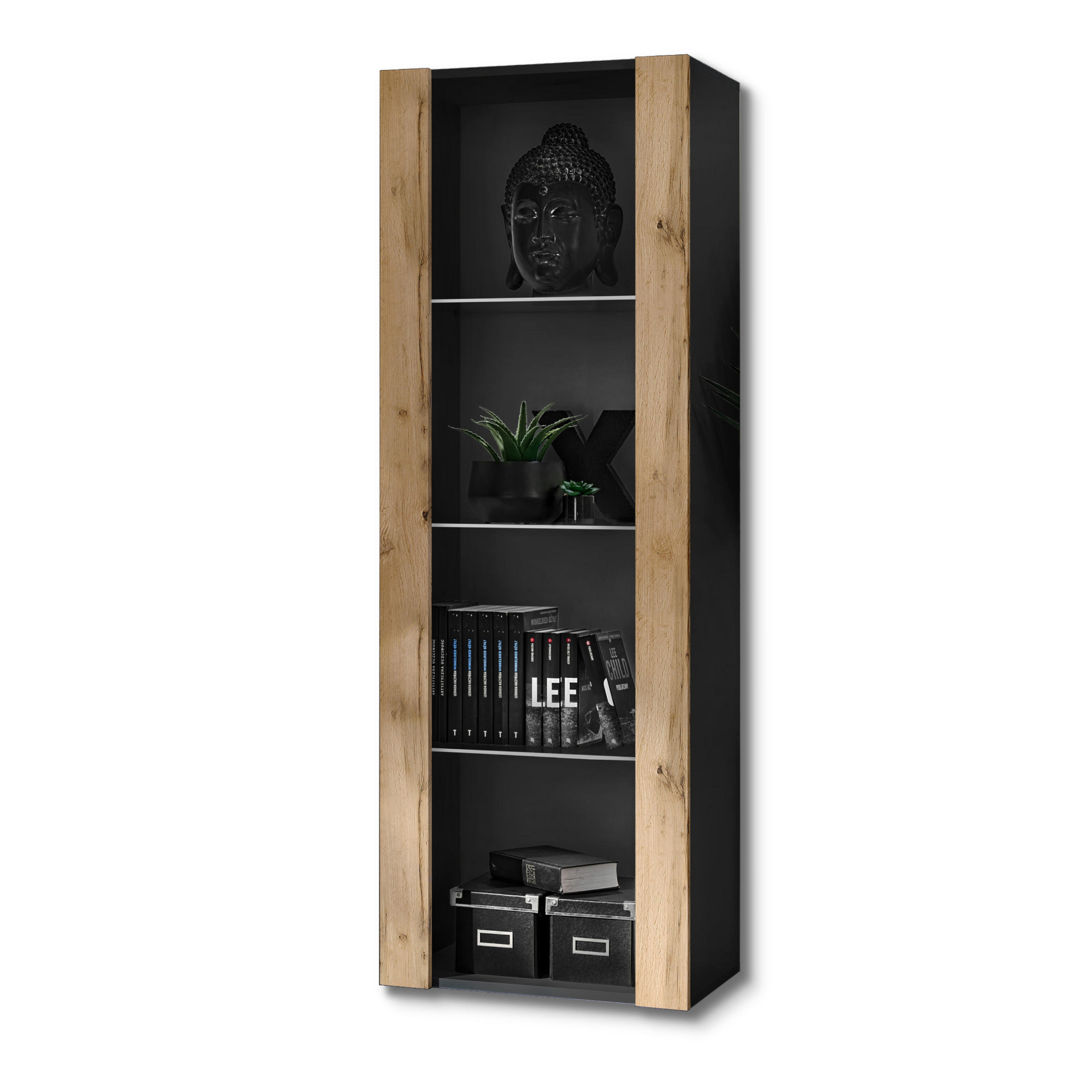 VITRINE TIVOLI, Schwarz + Eiche Wotan - Eiche Wotan/Schwarz, Glas/Holzwerkstoff (55/159/35cm) - Komodee