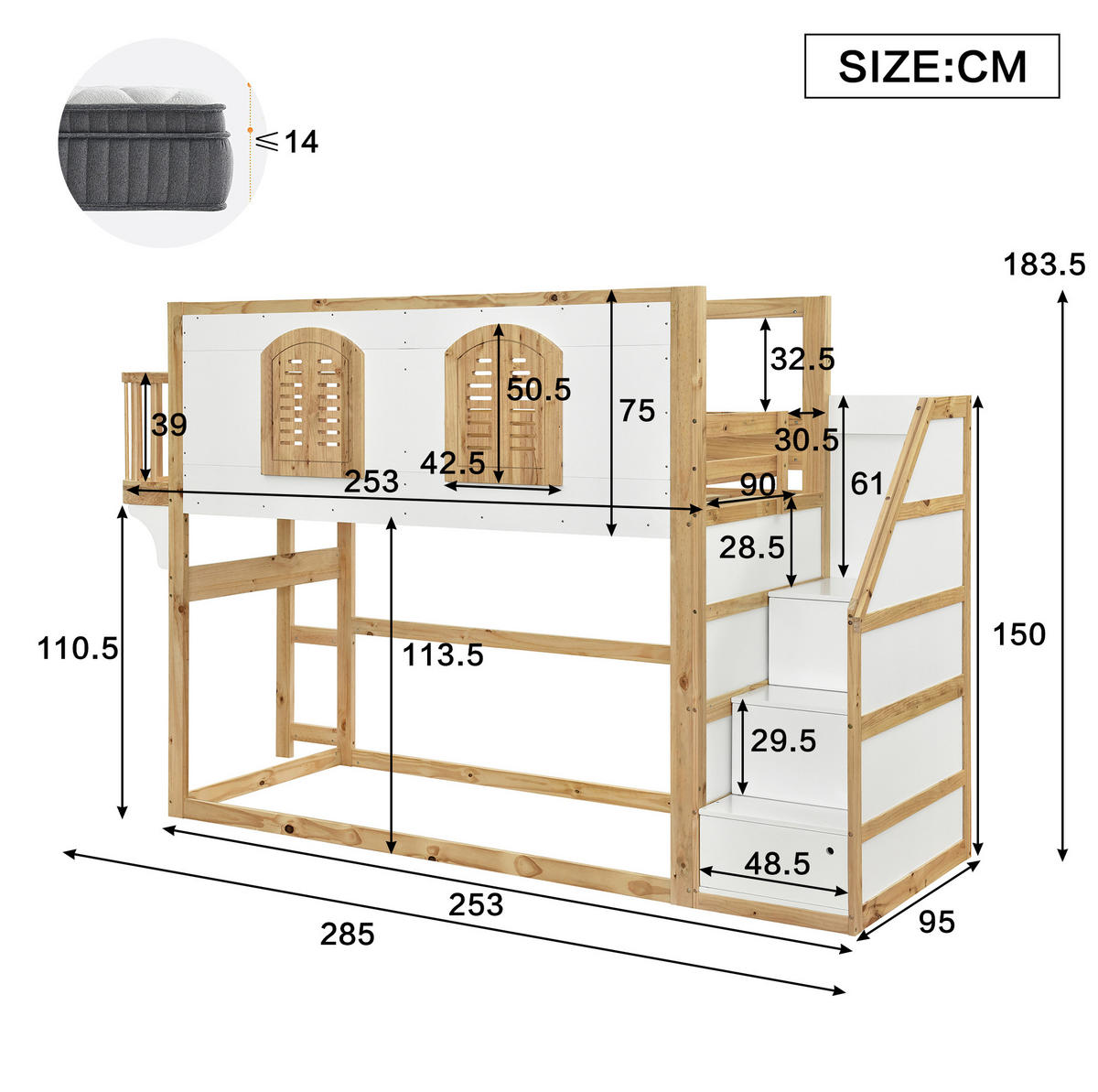 HOCHBETT 90/200 cm aus Kiefer und MDF mit Treppenschrank und Spielfläche Weiß/Natur - Naturfarben, Holz (90/200cm) - Modenvie