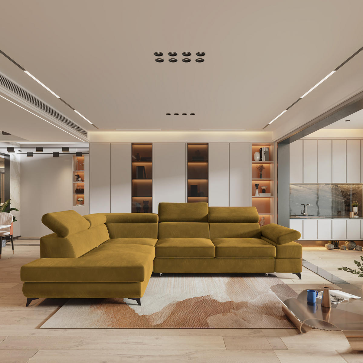 ECKSOFA FAVIEN L-S Gelb Velours-Stoff mit Schlaffunktion - Gelb, Holz (257/190cm) - MASSENO