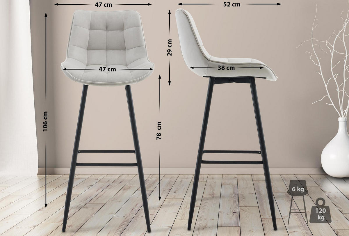 BARHOCKER 2er Set Samt grau - Schwarz/Grau, Textil/Metall (47/106/52cm) - CLP