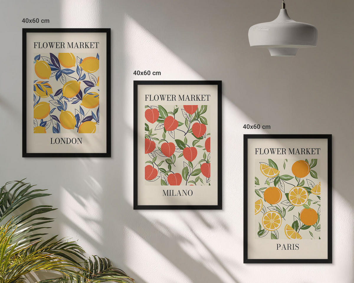 WANDBILDER 3er-Set - 40x60 cm Schwarzer Rahmen - Blumenplakate in Städten - Schwarz, Kunststoff (40/60cm) - ArtPrintCave