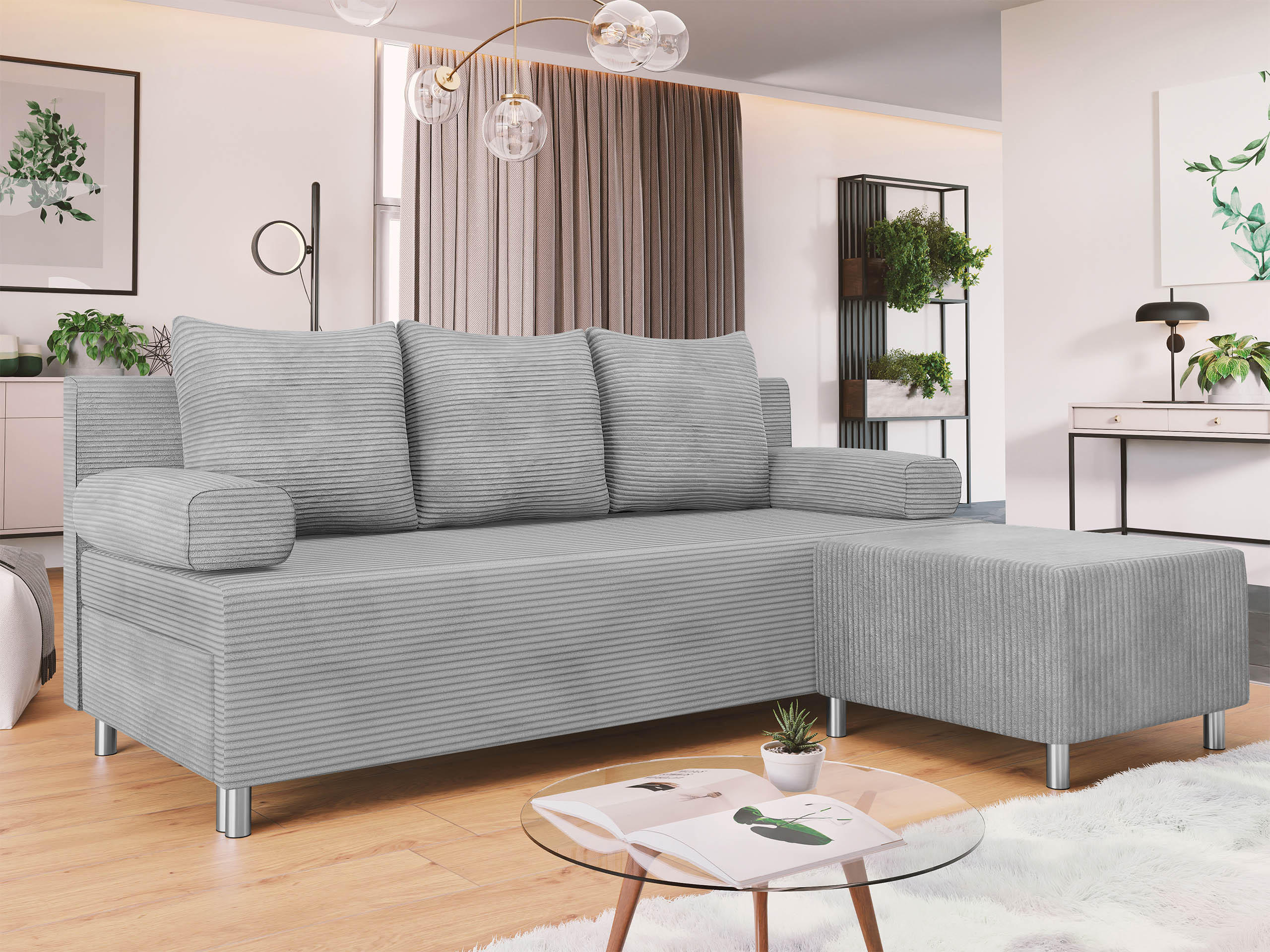 SCHLAFSOFA Dover Cord mit Polsterhocker - Chromfarben/Grau, Holz/Kunststoff (192/80cm) - MIRJAN24