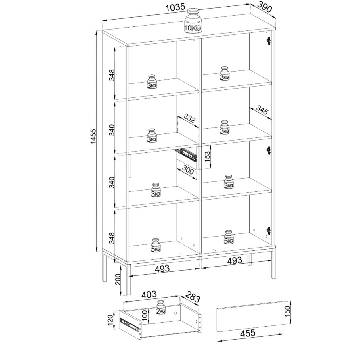 MODERNE Geriffelte Hochvitrine LAGOS W2D1SZ (Schwarz, Eiche Wotan, LED, Metallfüße, Push to Open) - Eiche Wotan/Schwarz, Glas/Holz (104/166/39cm) - Ravio