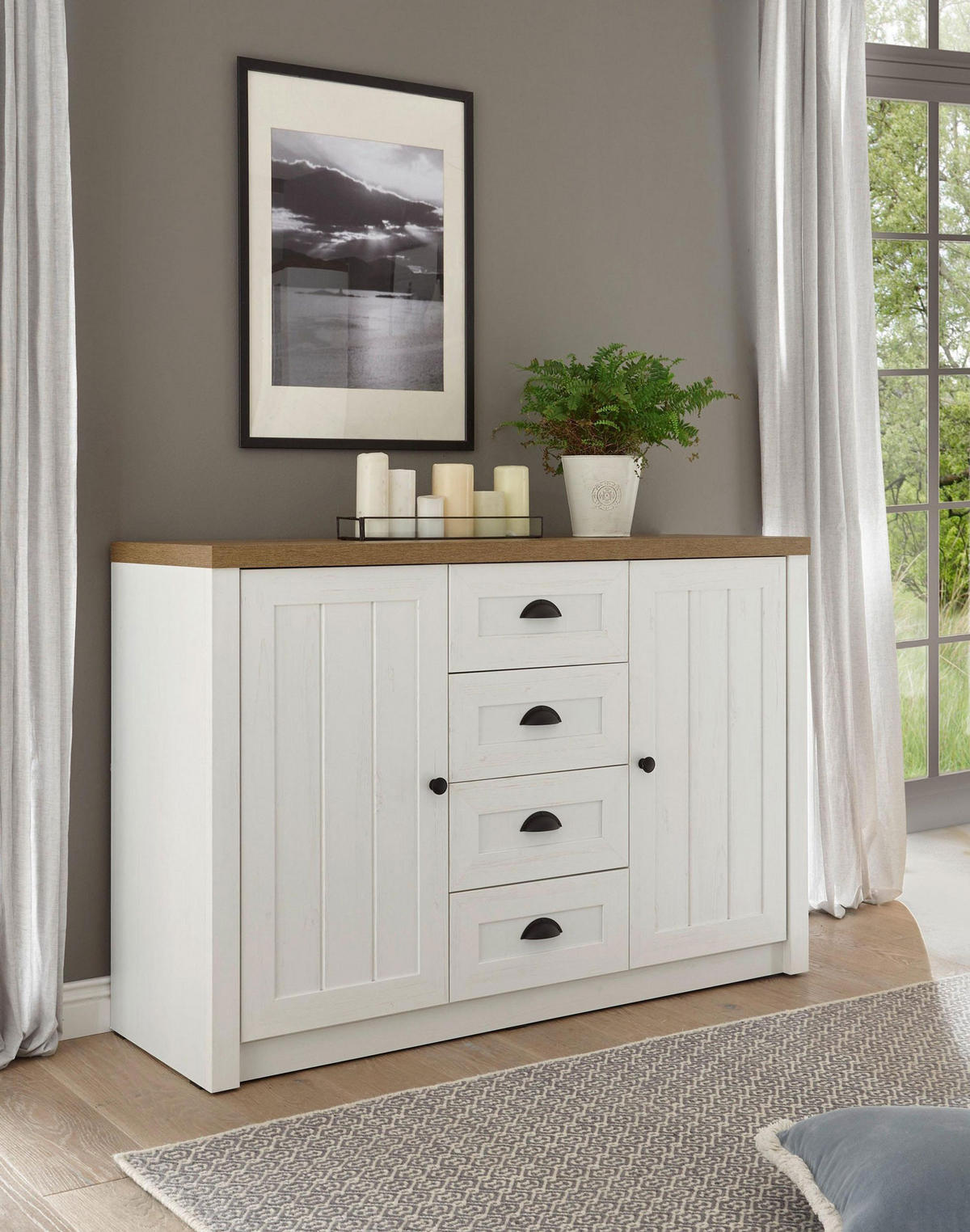 SIDEBOARD Provence Pinie weiß / Eiche hell 130 / 43 / 88cm - Eichefarben/Weiß, Holzwerkstoff/Metall (130/88/43cm) - Feldmann-Wohnen