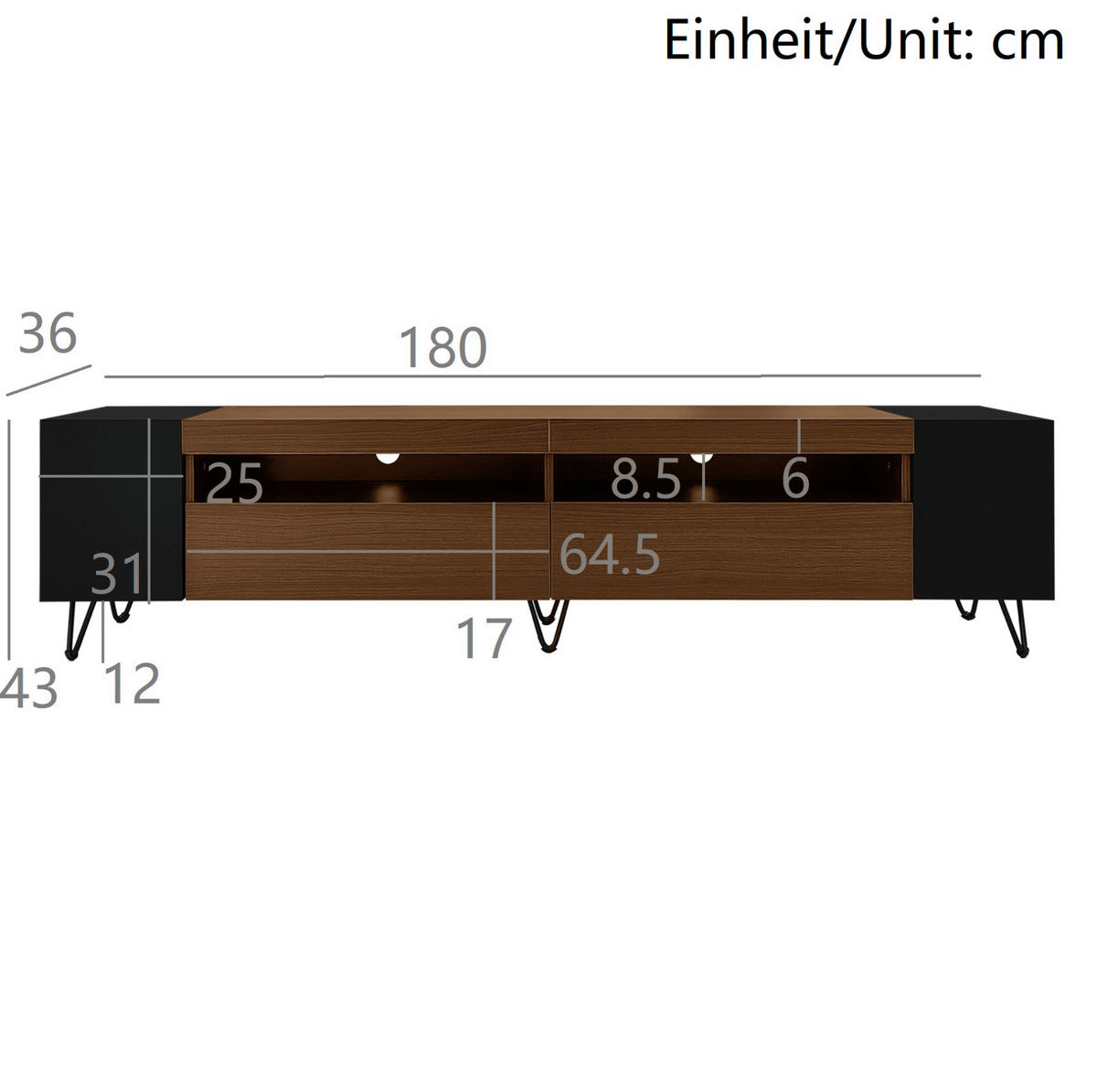 TV-SCHRANK in Schwarz und Holzoptik mit Türen 180/36/43 cm - Eichefarben, Holzwerkstoff (180/43/36cm) - Redom