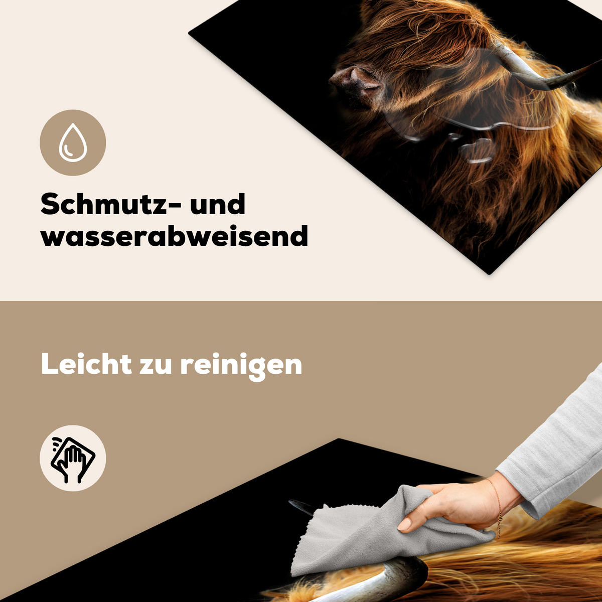 HERDABDECKPLATTE Schottischer Highlander - Hörner - Schwarz - Tiere - Natur - Wild - Kuh Herdabdeckung Induktionsfeld 75x52 cm - Cognac, Kunststoff (75/52/0.2cm) - MuchoWow