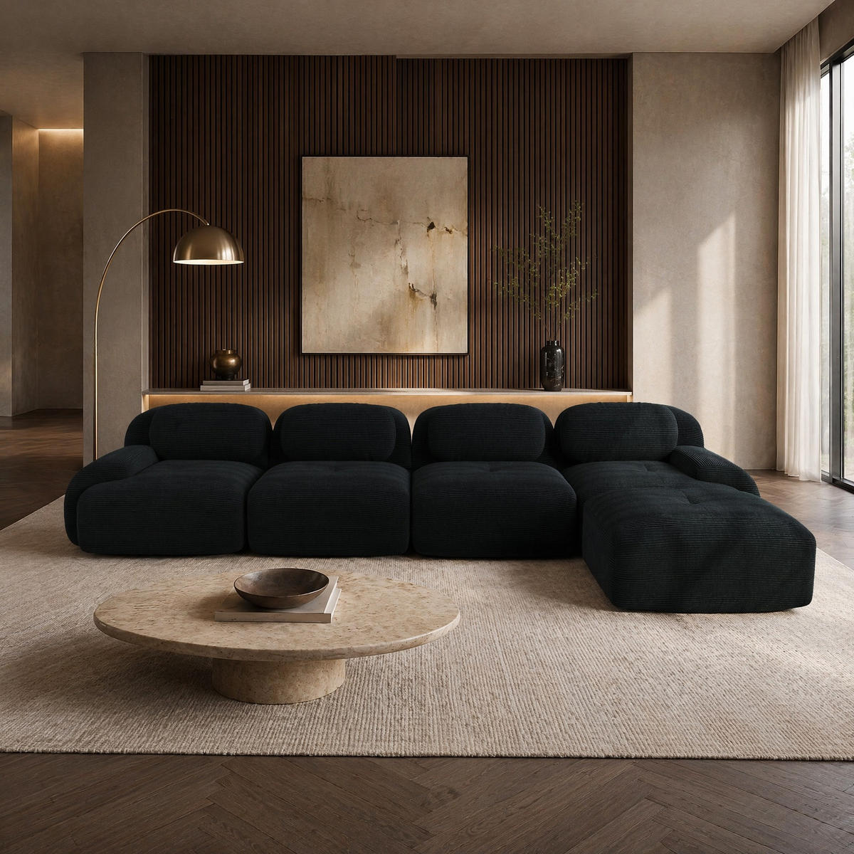 ECKSOFA 388/178/70 cm in Schwarz aus Cord, modular und montagefrei - Schwarz, Textil (178/388cm) - Flora Grace