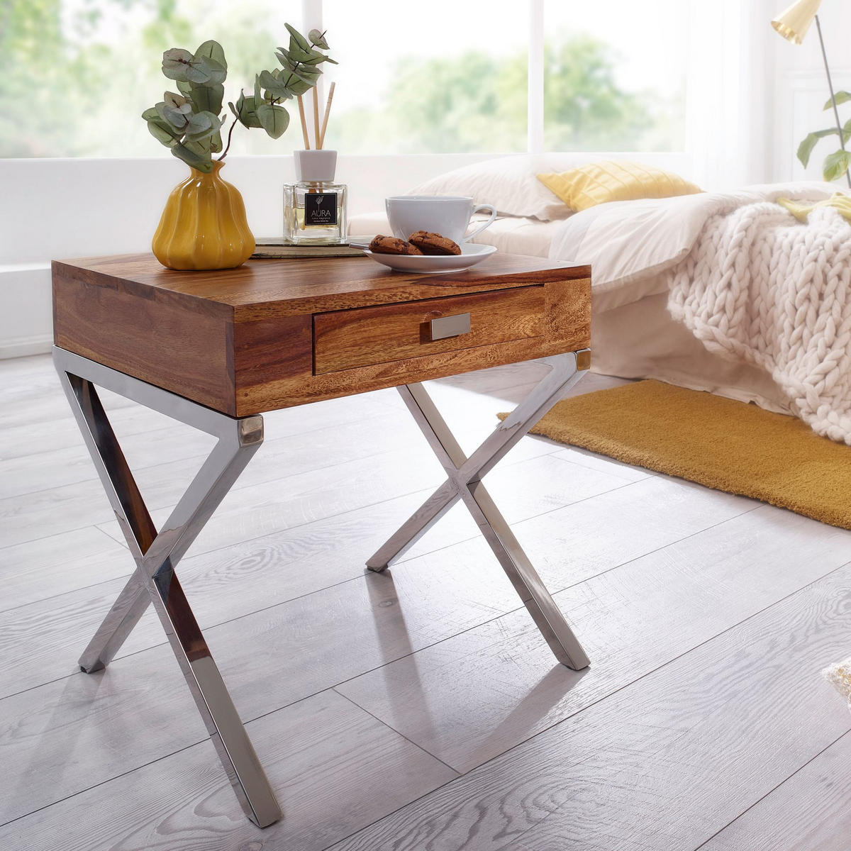 NACHTTISCH – Massivholz, Chrombeine, Landhausstil - Silberfarben/Braun, Holz (45/50/45cm) - KADIMA DESIGN