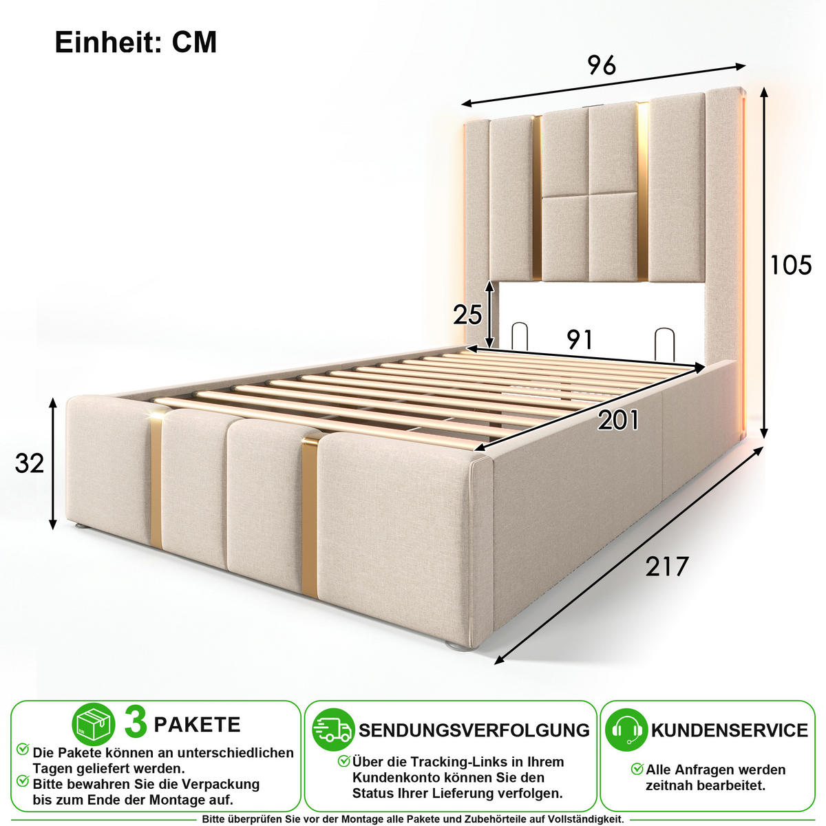 ČALOUNĚNÁ POSTEL 90/200 cm v béžové barvě s úložným prostorem, LED, USB a Type-C - béžová, kov/kompozitní dřevo (90/200cm) - CHICFURN