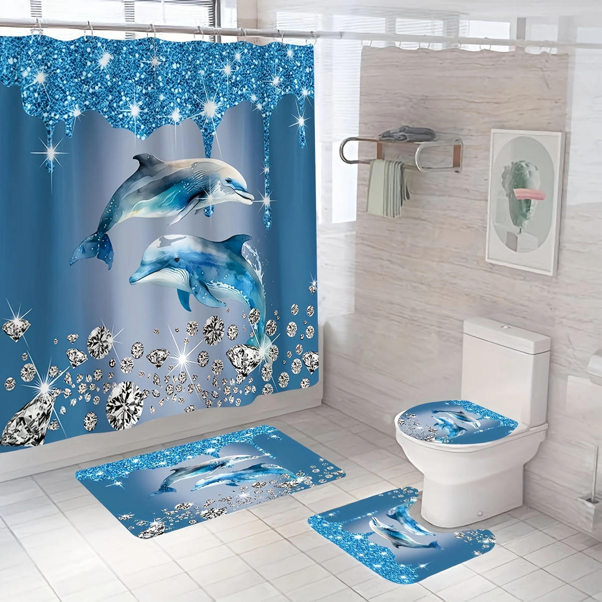 DUSCHVORHANG SET mit Matte Toilettendeckel und Badematte Haken maschinenwaschbar 180 x 180 cm - Blau, Textil (180/180cm) - MCBOSON