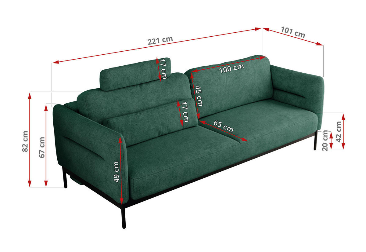SOFA SALENTO Grün Struktur - Schwarz/Grün, Textil/Metall (221/82/101cm) - MKS