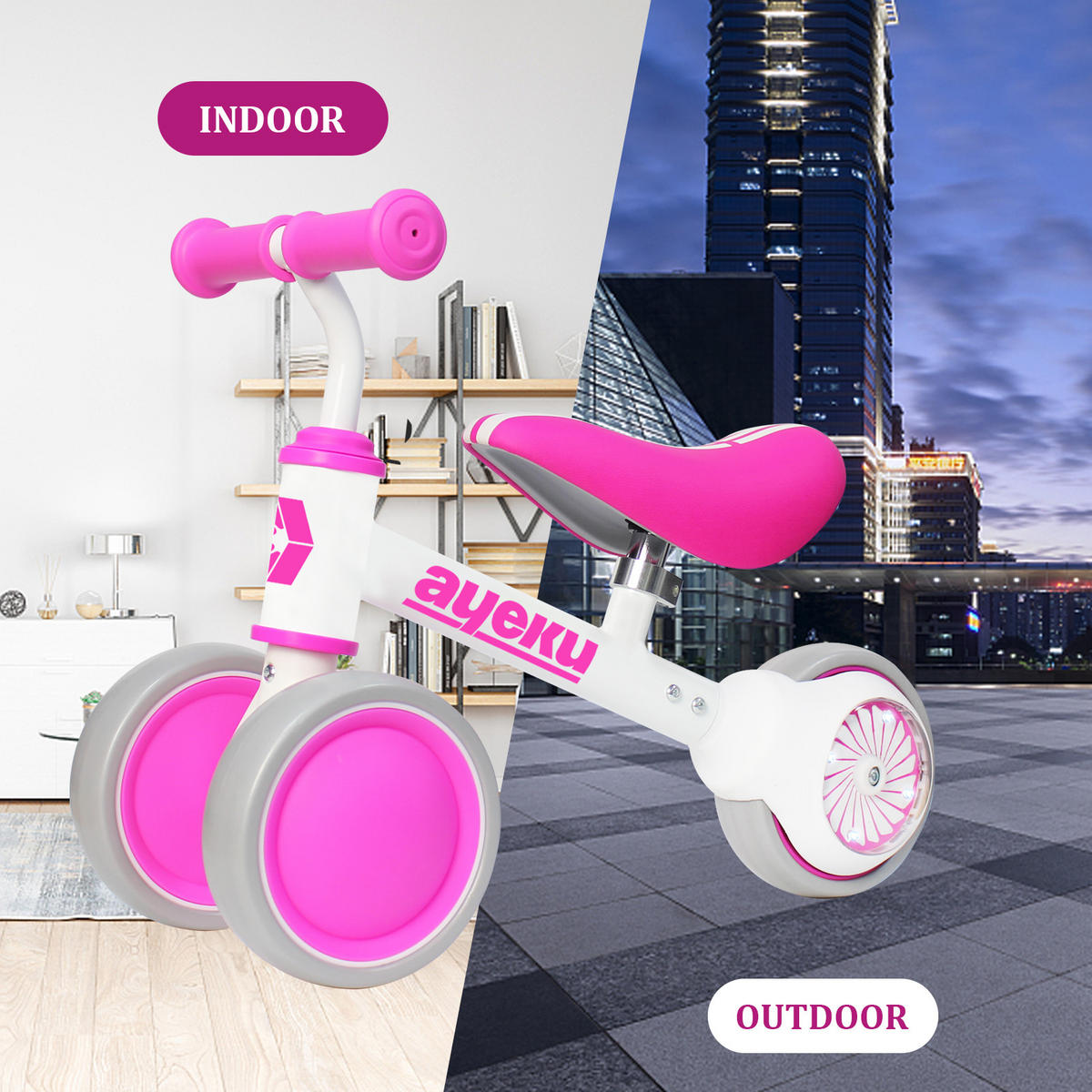 LAUFRAD KINDER LED-Räder verstellbarer Sitz, 1–3 Jahre, 36cm, Rosa - Pink, Metall (51/22/36cm) - Ayeku