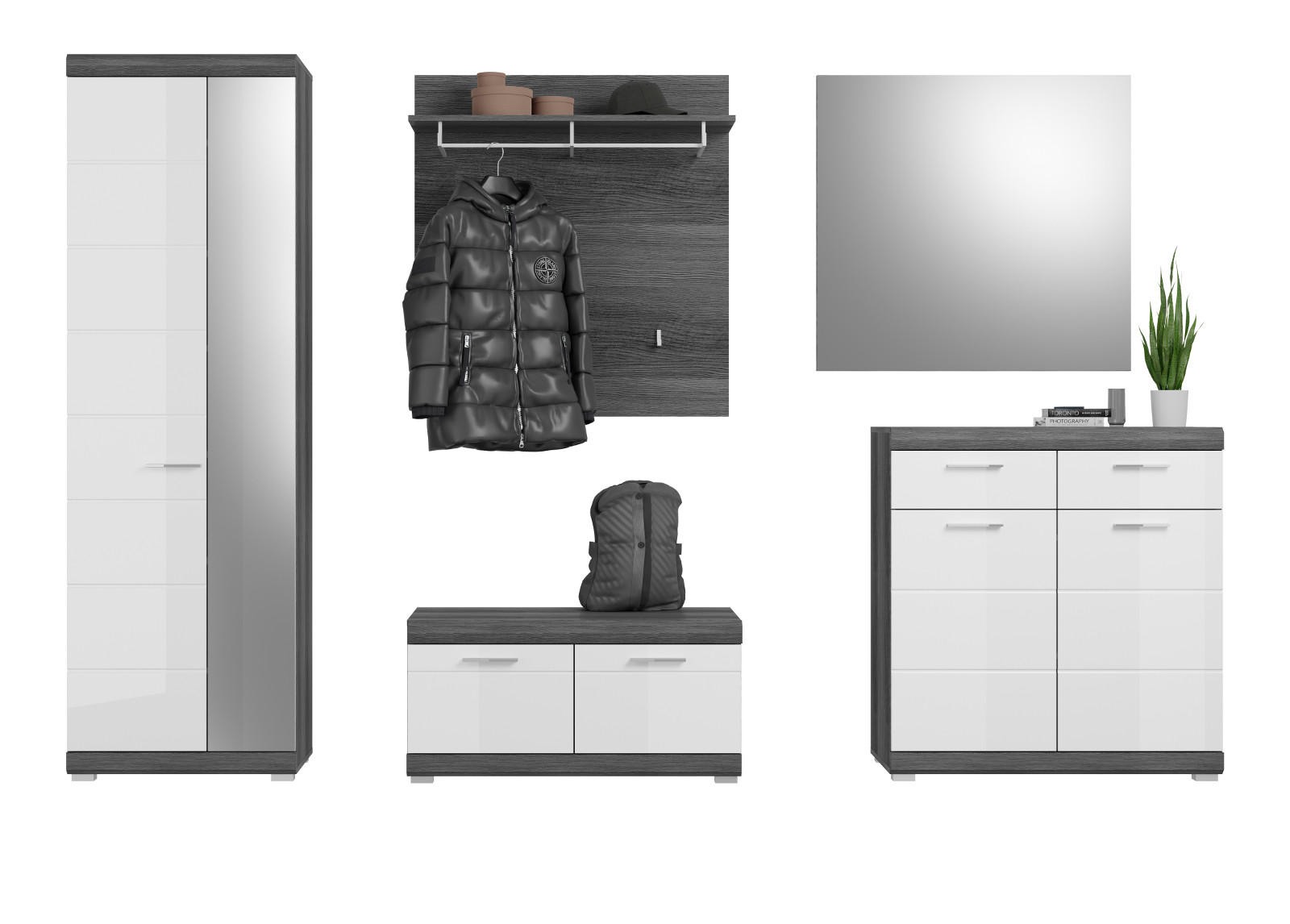 Inn.Furn Garderobe Weiß Hochglanz, Grau 272x197x40 cm