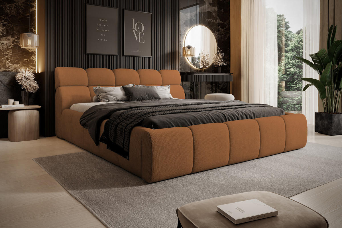 POLSTERBETT GIULIA, komfortabel, mit Bettkasten, verstellbarem Kopfteil und LED, 180x200x96 cm, Farbe Orange - Schwarz/Orange, Holzwerkstoff/Kunststoff (180/200cm) - DomoHome