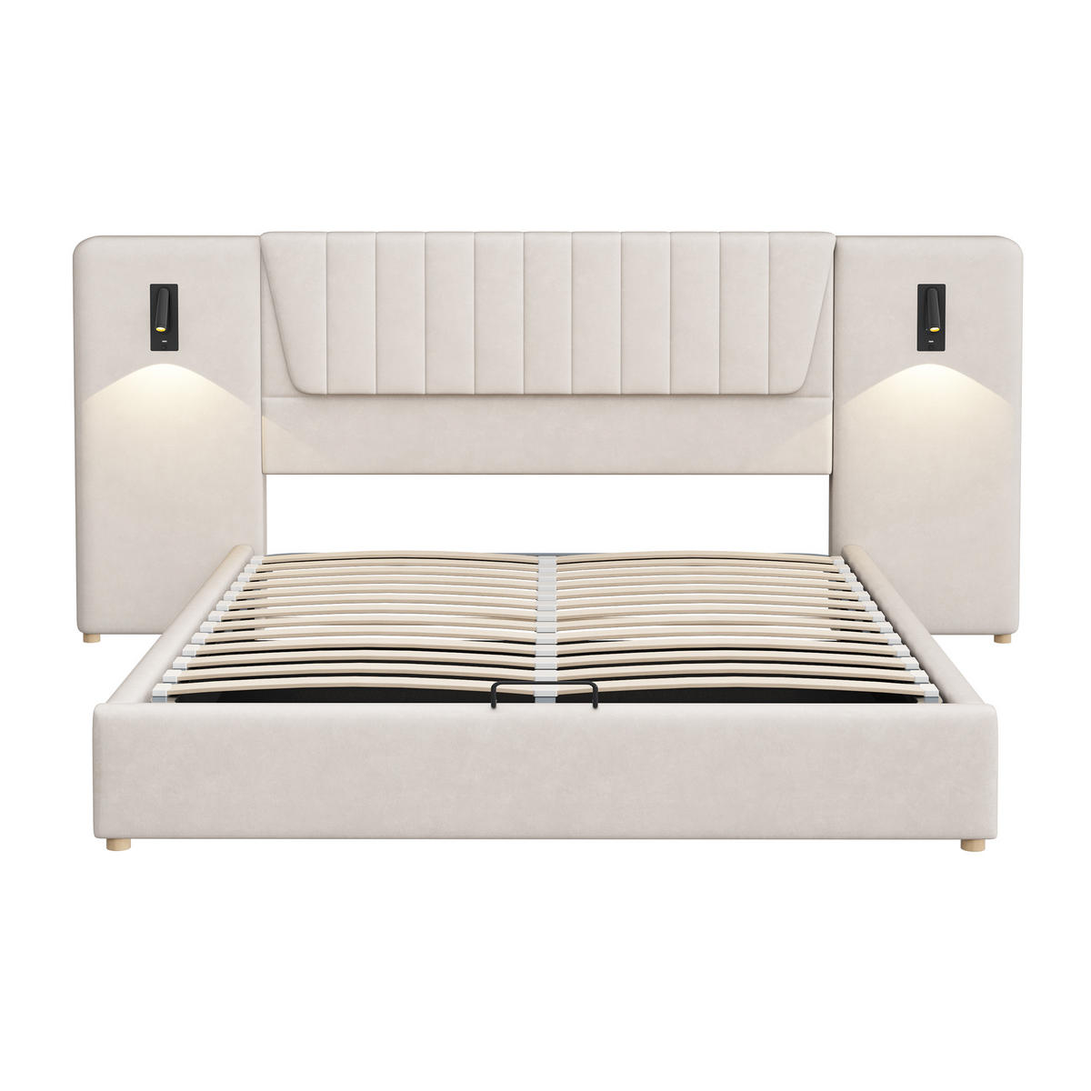 POLSTERBETT 180/200 cm in Beige Samt mit Bettkasten, Leselampen und USB - Beige, Holzwerkstoff/Textil (180/200cm) - WISHDOR