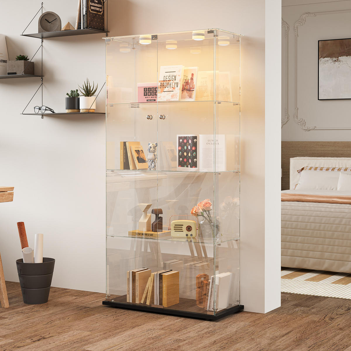 GLASVITRINE 163x78,5x35 cm 2 Türen LED Touch freistehend schwarz - Schwarz, Holz (78.5/163/35cm) - LEBENLANG