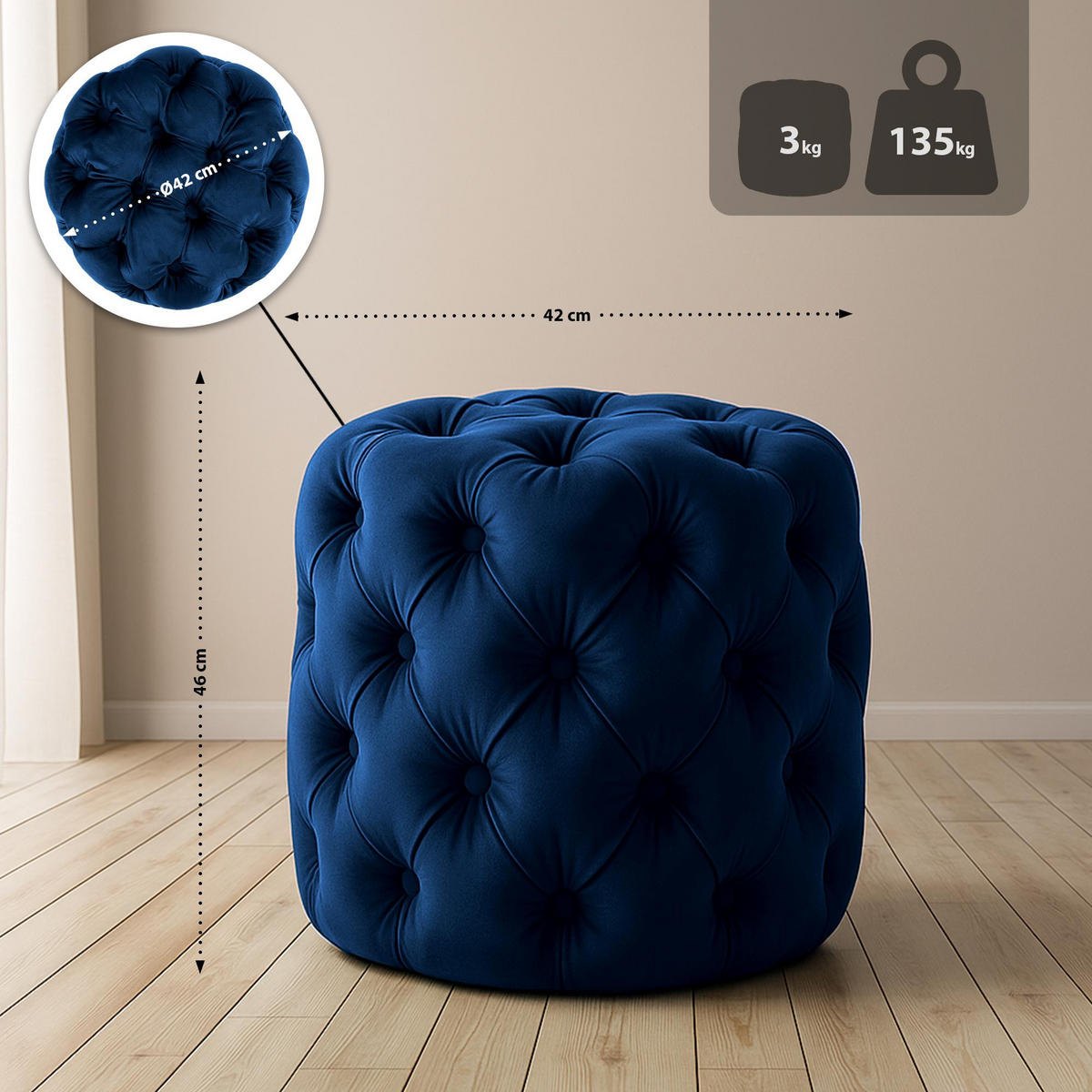 SITZHOCKER Bador Samt Blau Hocker Schlafzimmer - Blau, Textil (42/46/42cm) - DELUKE