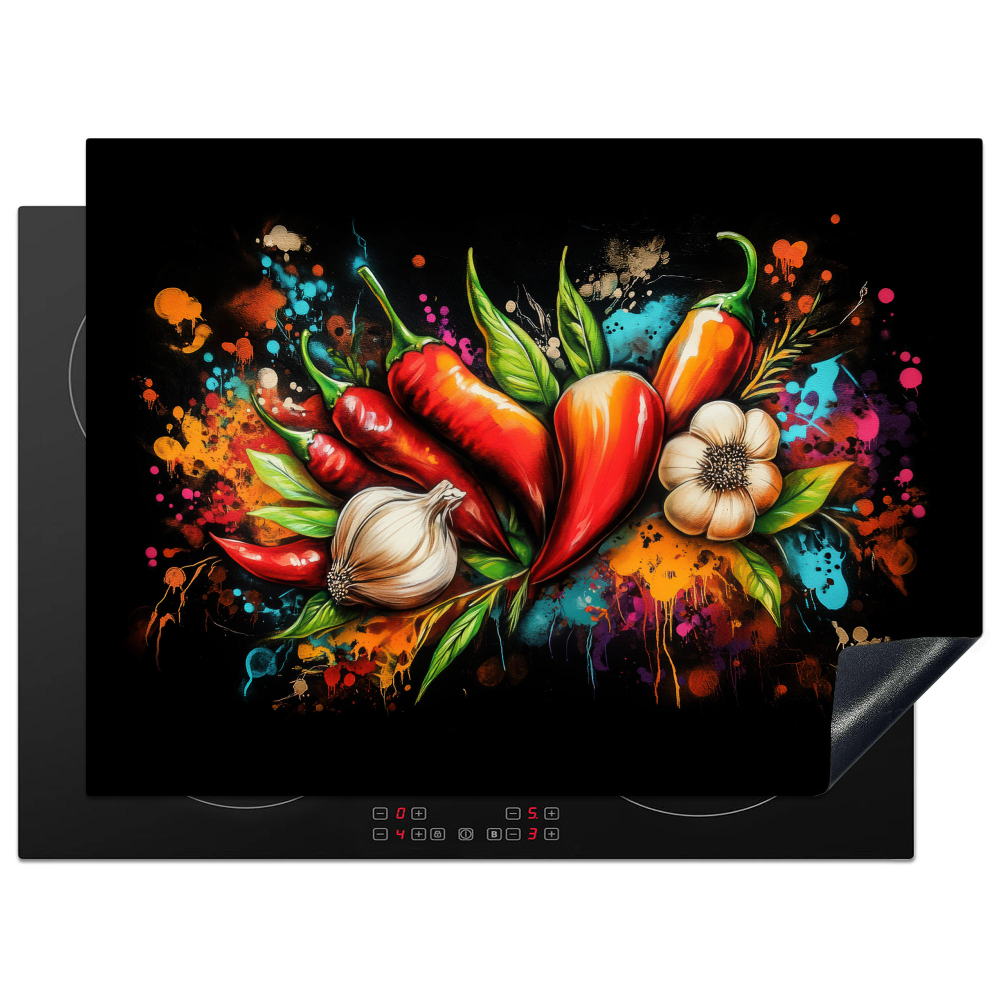 HERDABDECKPLATTE Gemüse - Paprika - Knoblauch - Graffiti - Farbe - Bunt 71x52 cm - Rot, Kunststoff (71/0.2/52cm) - MuchoWow