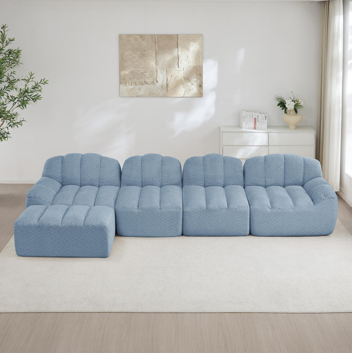ECKSOFA 366/165/79 cm Blau aus granulierter Fleece mit Ottoman und modularem 4-Sitzer-Design - Blau, Textil (165/366cm) - OKWISH