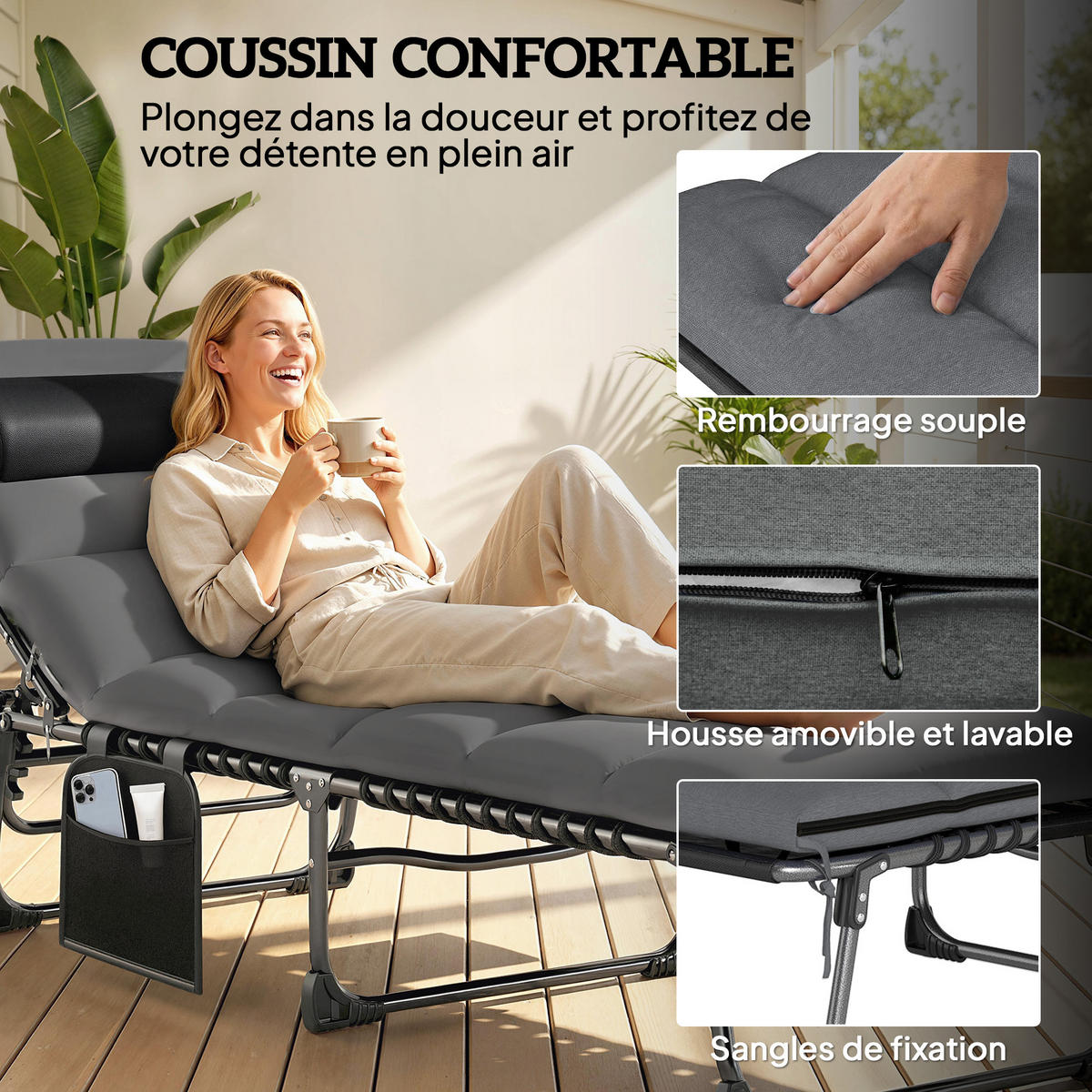 SONNENLIEGE DE-15702 5 Positionen mit dickem Kissen Dunkelgrau - Dunkelgrau, Metall (57/38/200cm) - ComfortXL