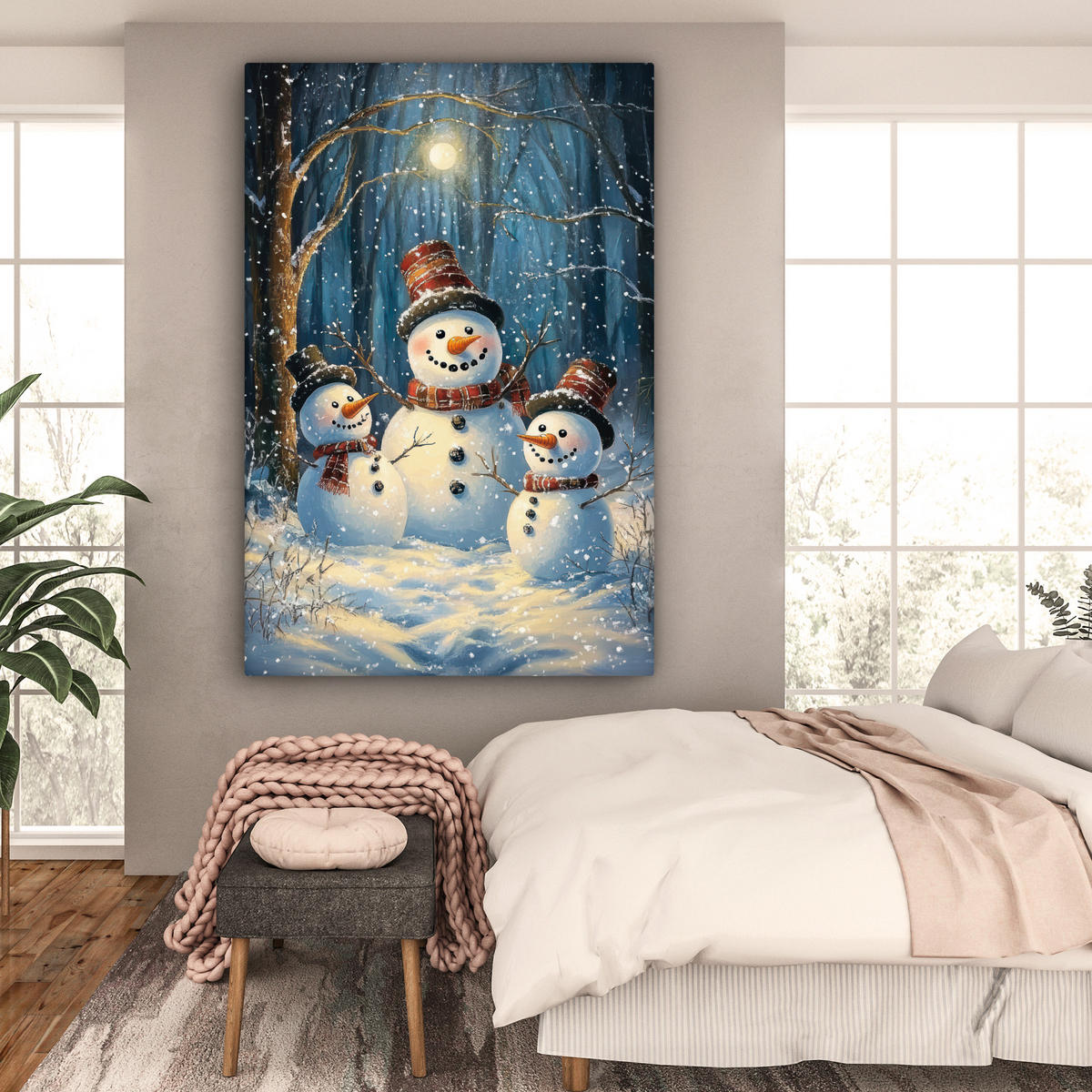 OBRAZ NA PLÁTNĚ Sněhulák - Sníh - Zima - Les 90x140 cm - světle modrá, textil (90/140cm) - MuchoWow