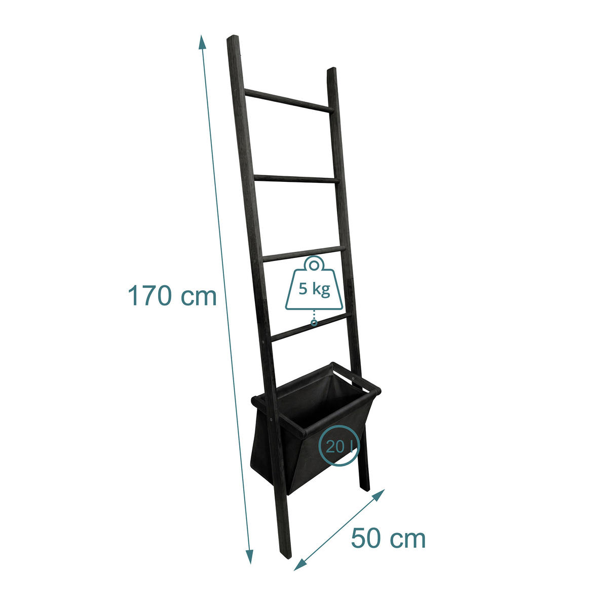 LESTEV Črna za brisače orehovina s košem za perilo - črna, tekstil/les (50/170/21cm) - Relaxdays
