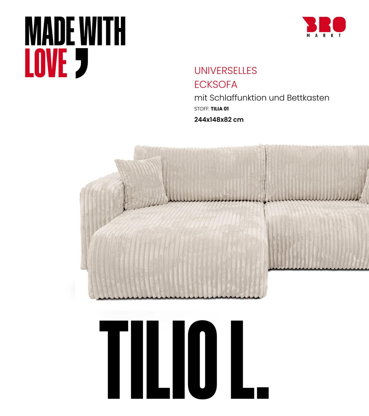 ECKSOFA mit Schlaffunktion TILIO Cream - Creme, Textil (244/148cm) - Bromarkt