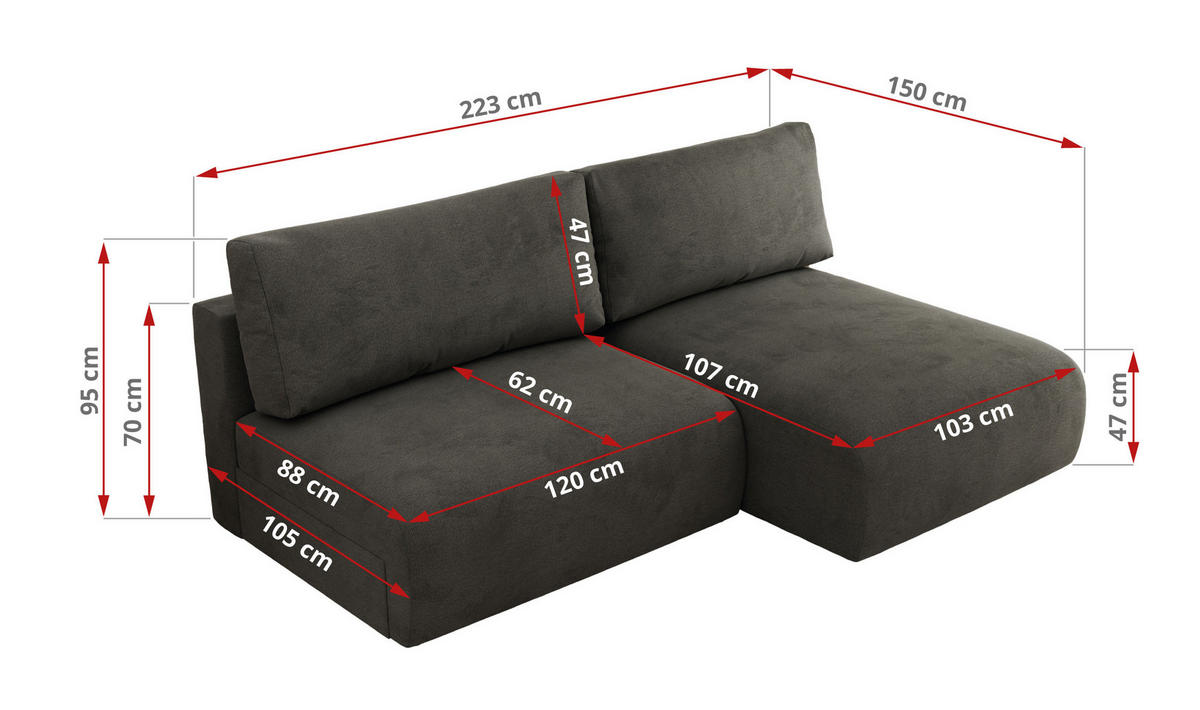 ECKSCHLAFSOFA VIVO L Dunkelgrau Velvet - rechts - Dunkelgrau/Schwarz, Kunststoff/Textil (150/223cm) - MKS