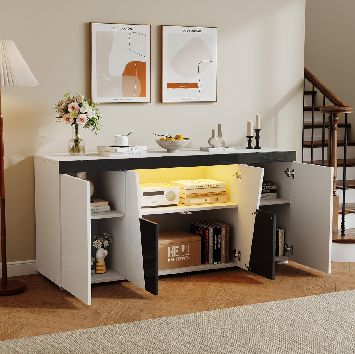 SIDEBOARD 140/40/65 cm aus Spanplatte mit LED-Beleuchtung, 4 Türen und verstellbaren Einlegeböden, Weiß/Schwarz - Weiß, Holzwerkstoff (140/65/40cm) - Redom