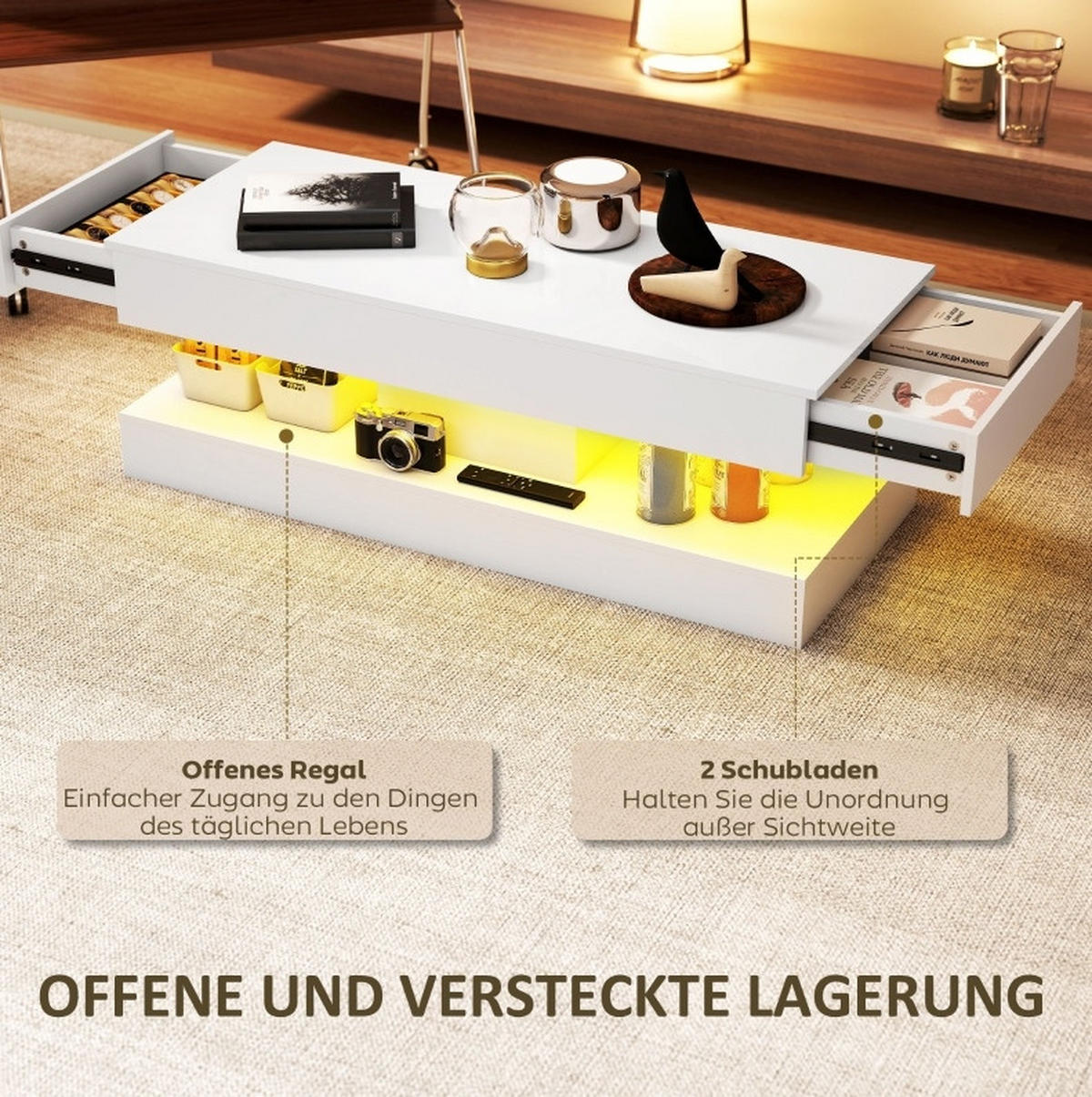 COUCHTISCH 120/50/42 cm in Weiß mit LED-Beleuchtung und 2 Schubladen - Weiß, Holz (120/50/42cm) - Flora Grace
