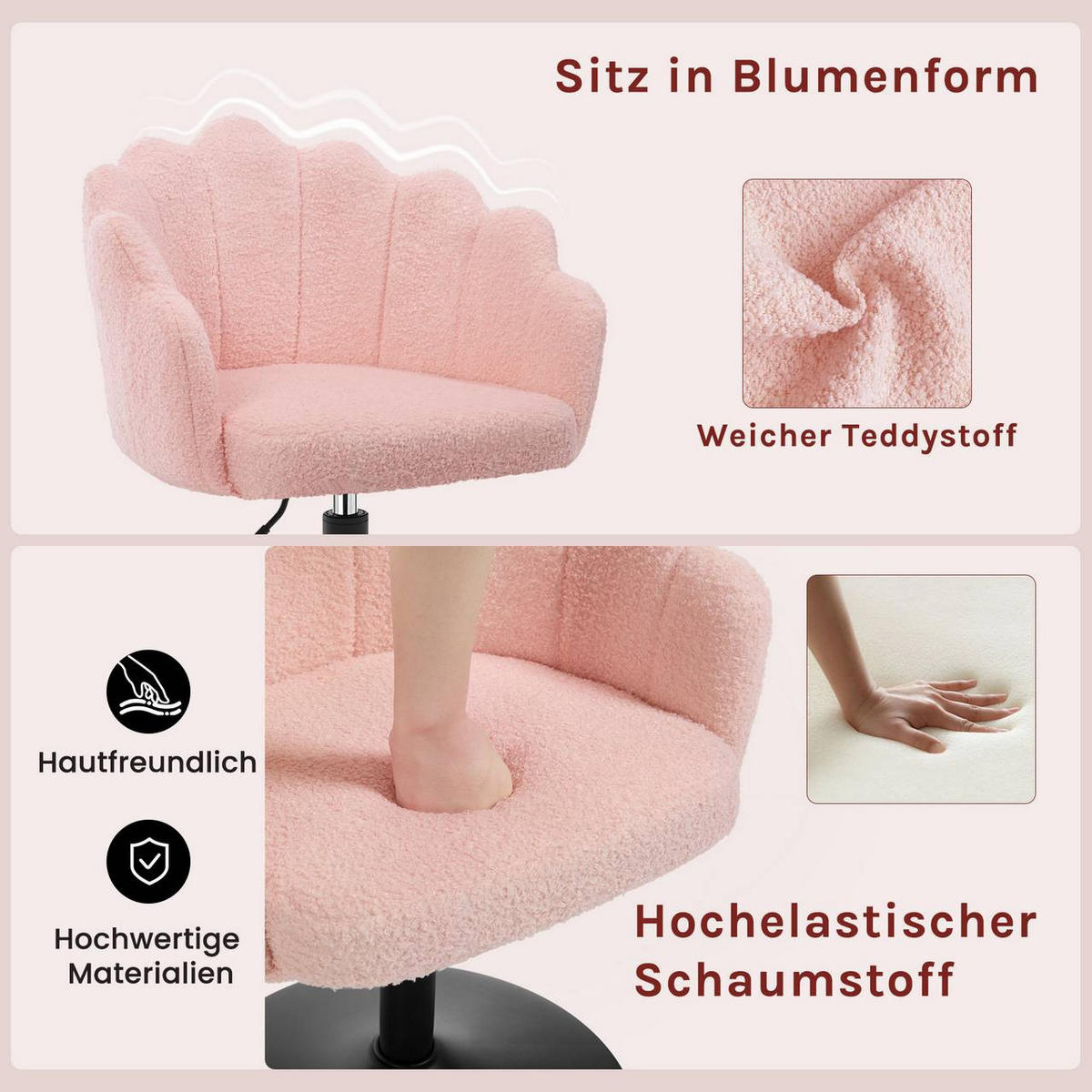 DREHSTUHL, Blumenform, Boucle-Stoff, Schminkstuhl, Rosa - Schwarz/Rosa, Textil/Metall (55/67/50cm) - Woltu