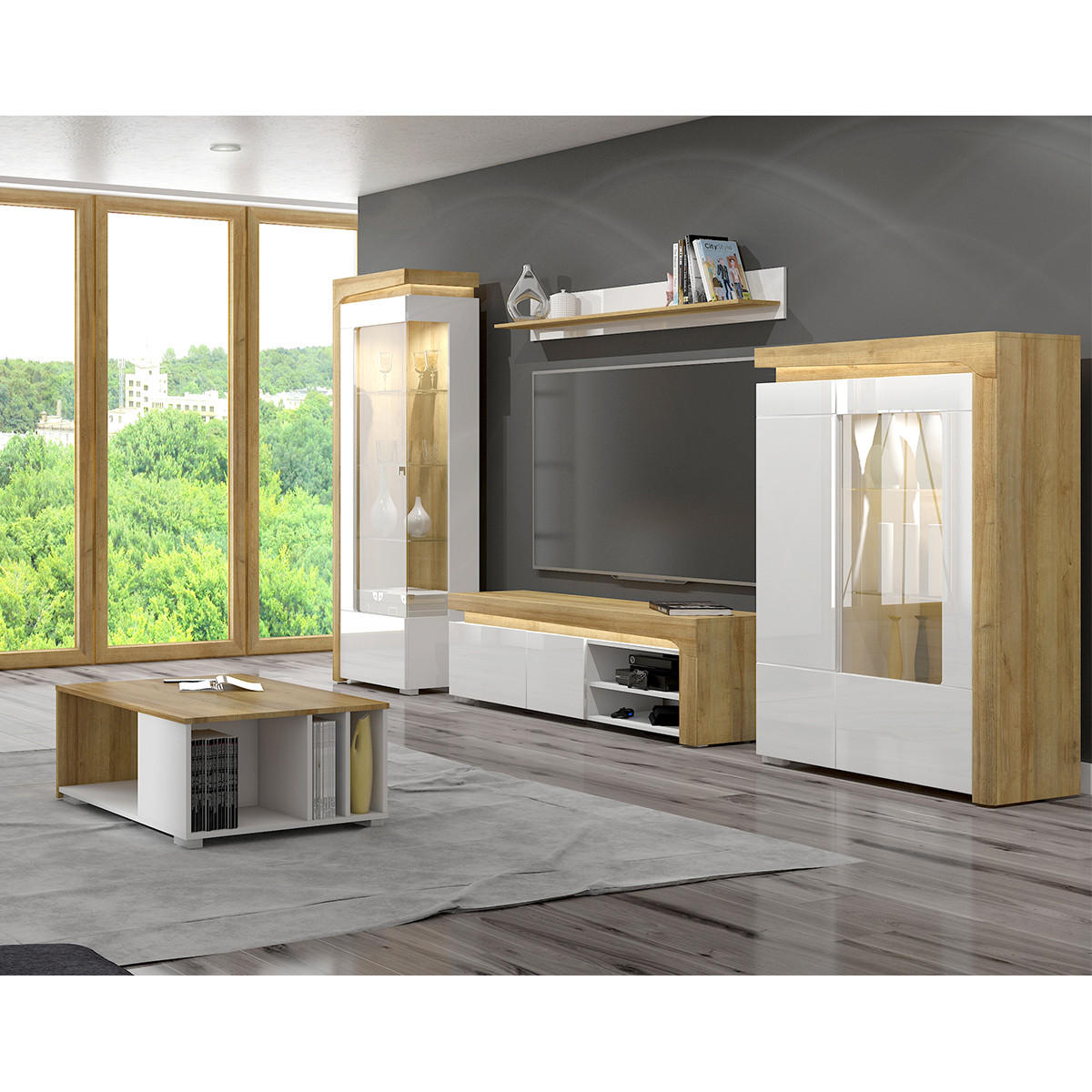 VITRÍNA Teo Bílá a dřevo - bílá, kompozitní dřevo (102/148/43cm) - Petits-meubles