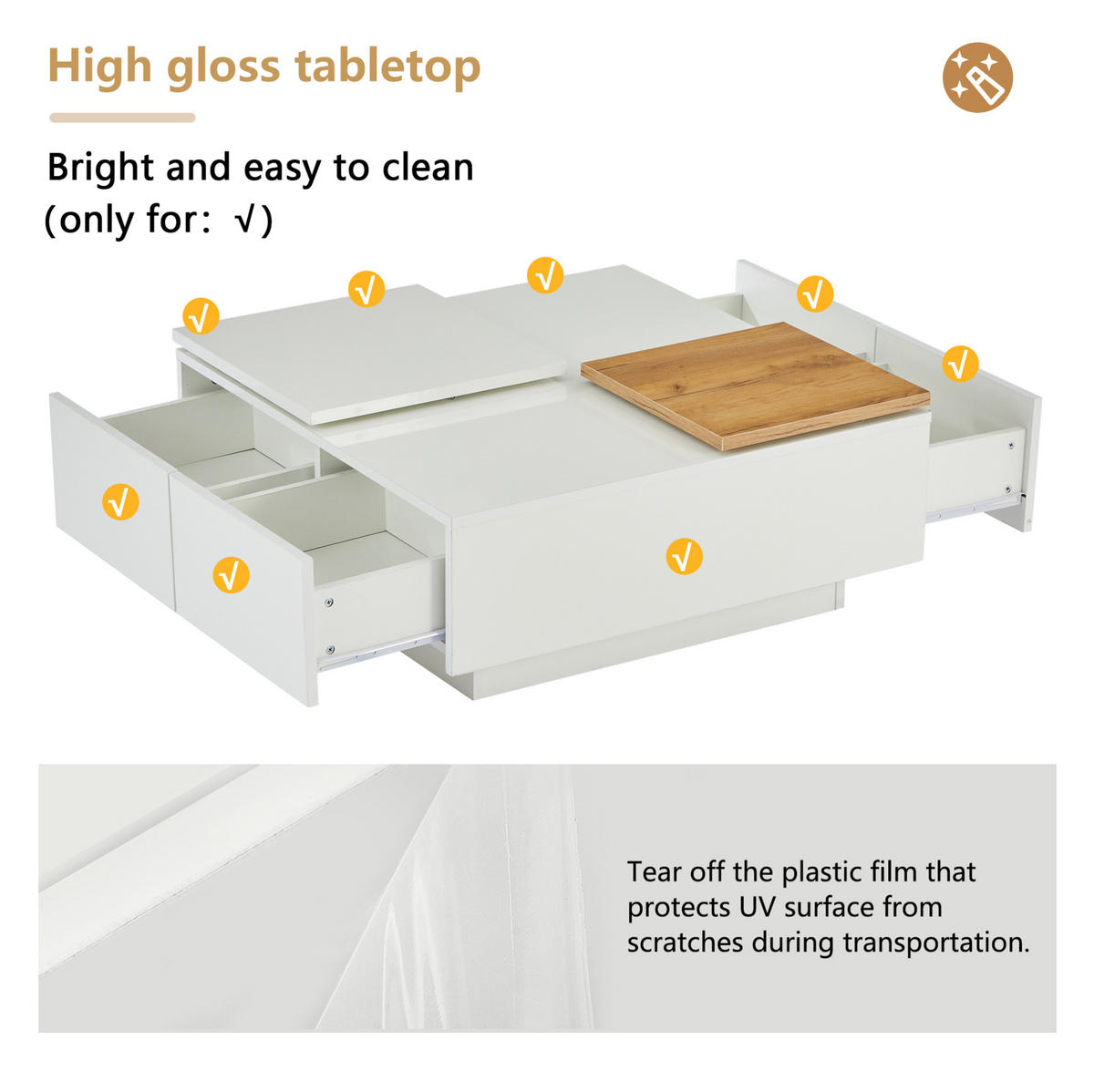 COUCHTISCH 75/75/33.5 cm in Weiß aus Spanplatte mit Hochglanz und Schubladen - Weiß, Holzwerkstoff (75/75/33.5cm) - OKMYHOME