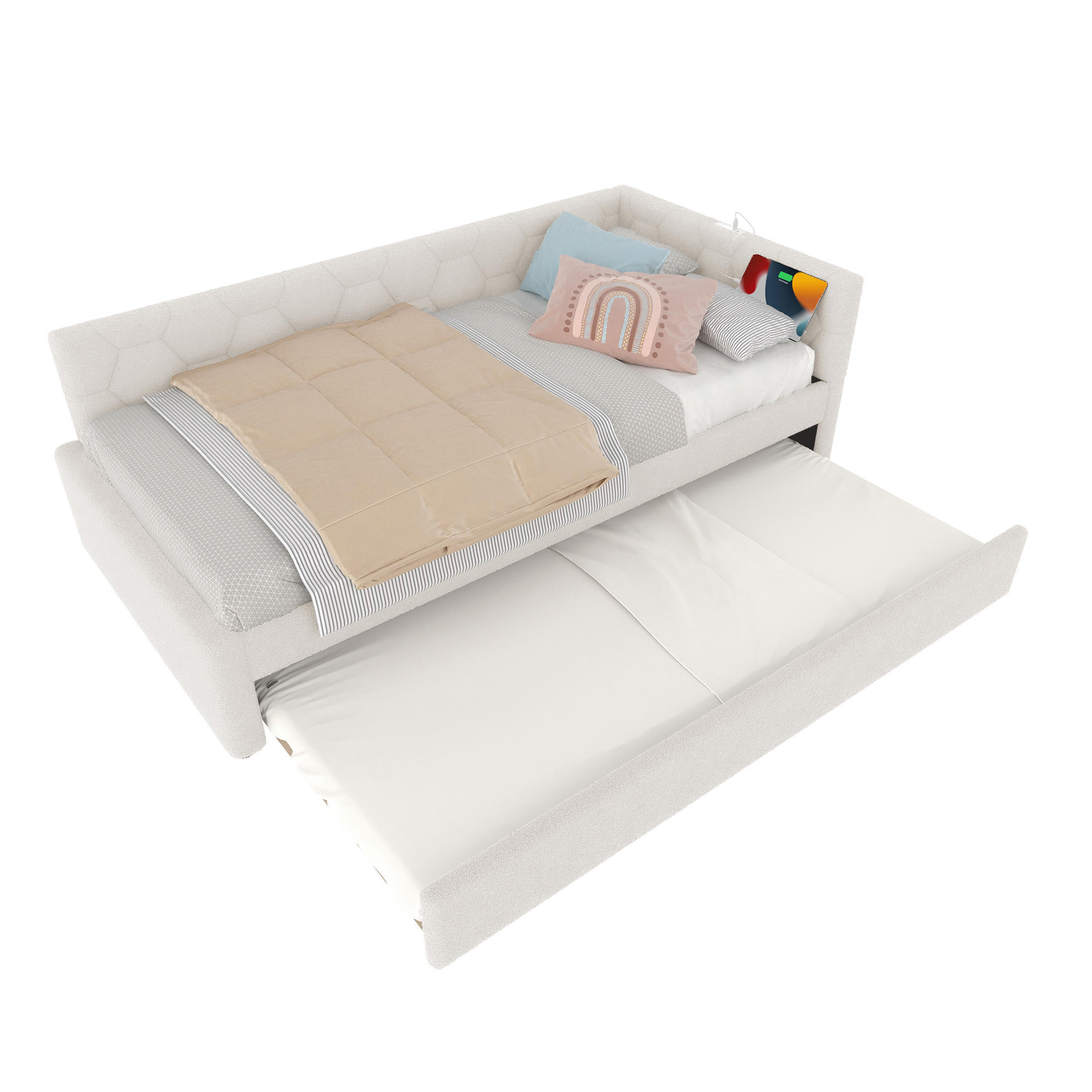 POLSTERBETT 90/200 cm in Weiß mit Bouclé, Nachttischlampe und USB- und Type-C-Anschlüssen - Weiß, Textil (90/200cm) - Flora Grace