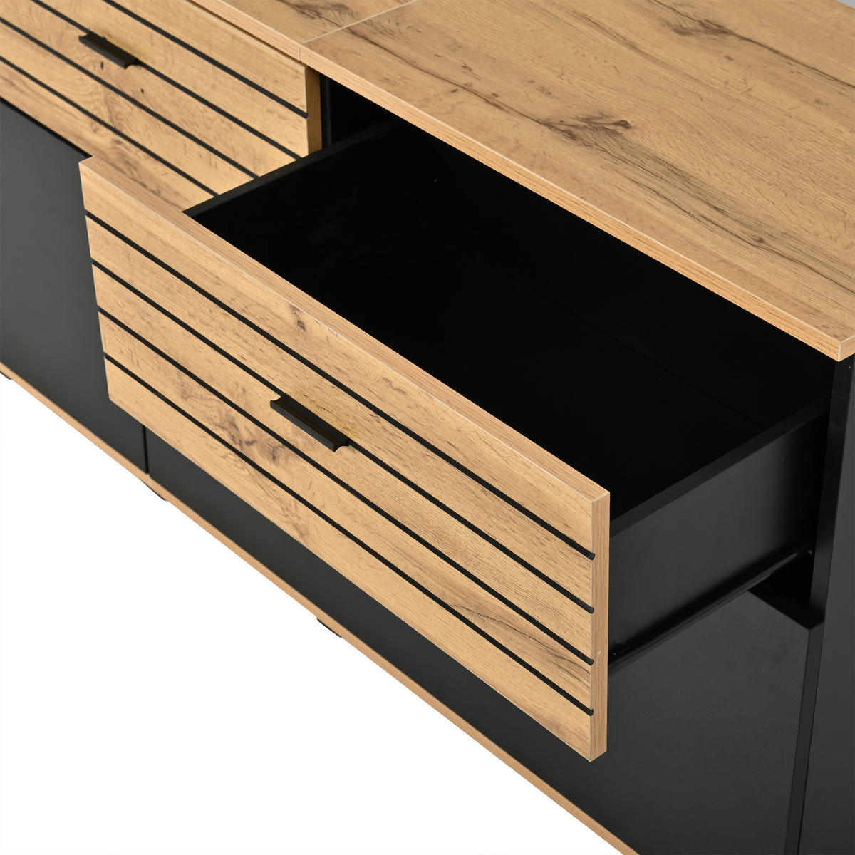 TV‑SCHRANK Naturholz‑Schwarz mit Schubladen und Klapptüren 168 × 38 × 59 cm - Naturfarben, Holzwerkstoff (168/59/38cm) - Luhomfu