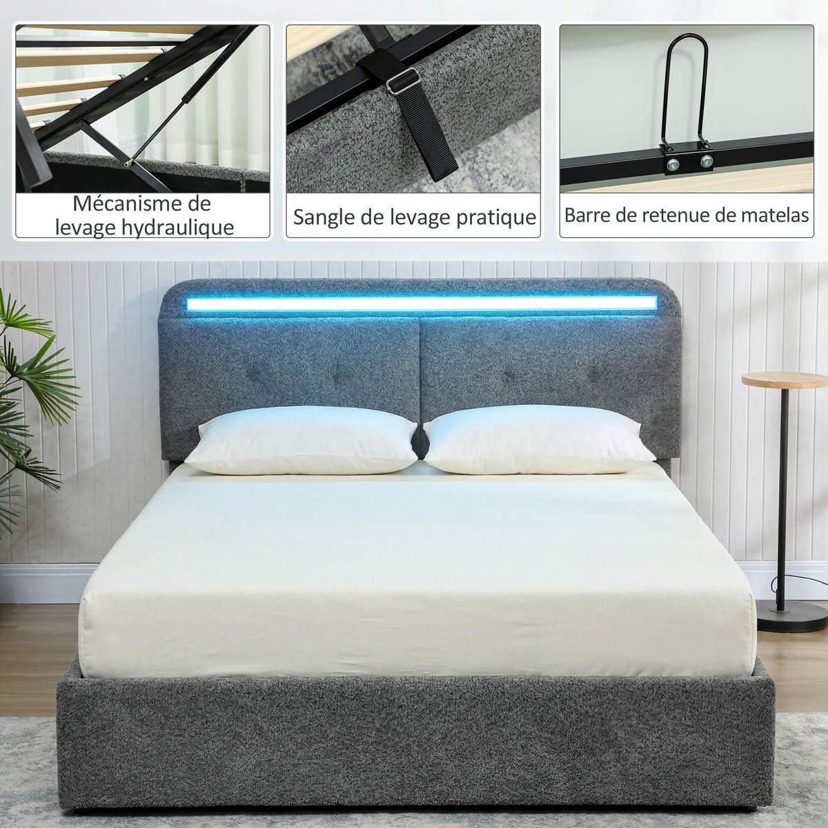 BETT 140x190 cm DE-14653 mit LED-Beleuchtung & verstellbarem Kopfteil Grau - Grau, Textil (140/190cm) - ComfortXL