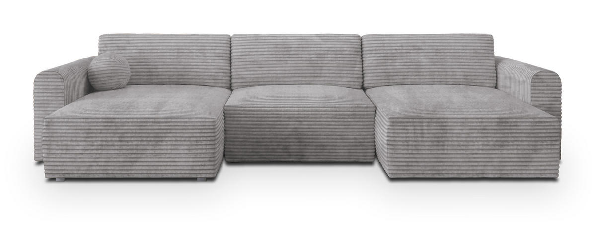 WOHNLANDSCHAFT FENTO Hellgrau Kordstoff mit Schlaffunktion - Hellgrau, Holz (347/90/148cm) - MASSENO